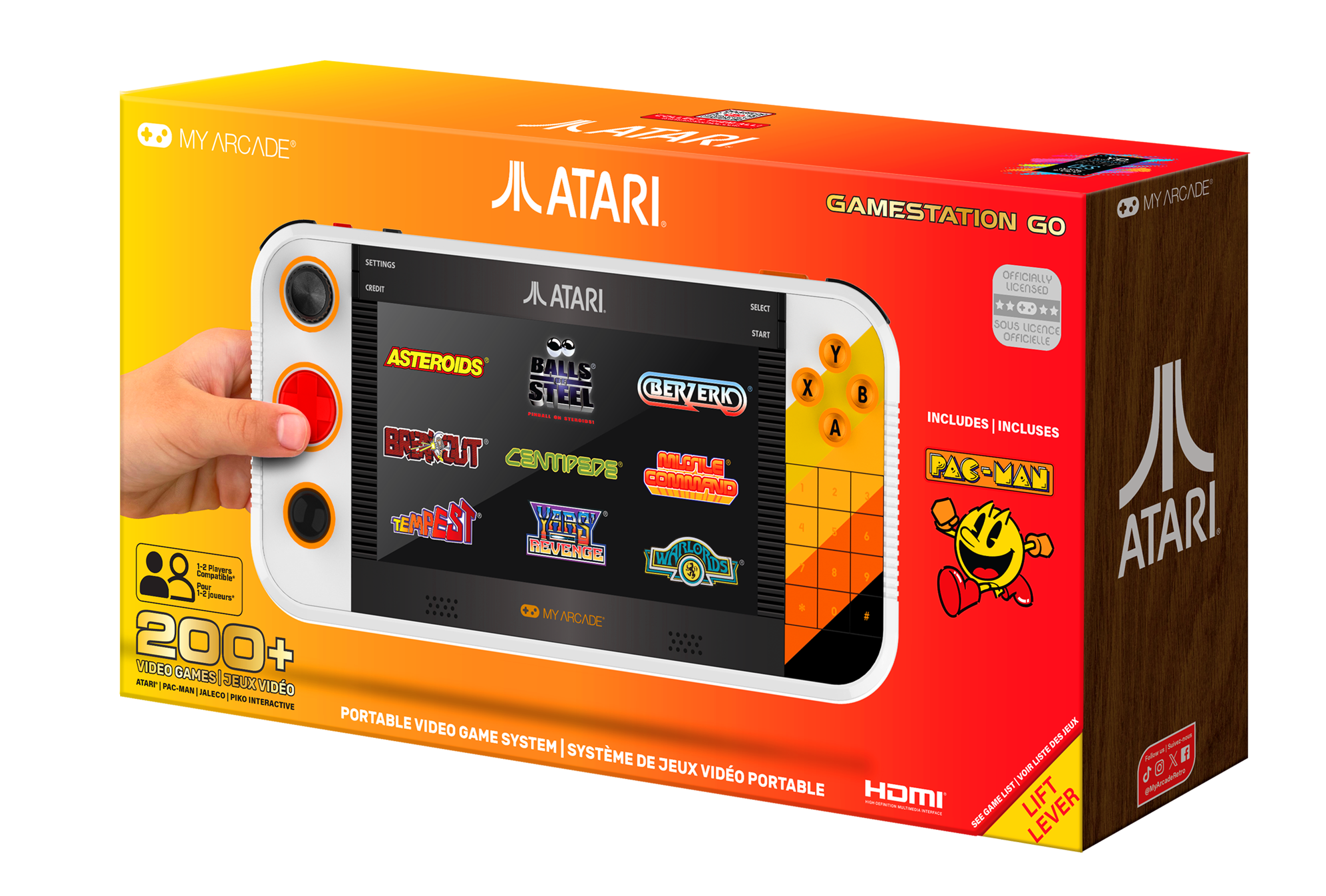 Turuncu-sarı bir kutu, Asteroids ve Pac-Man gibi oyunları içeren taşınabilir bir Atari oyun konsolu gösteriyor.