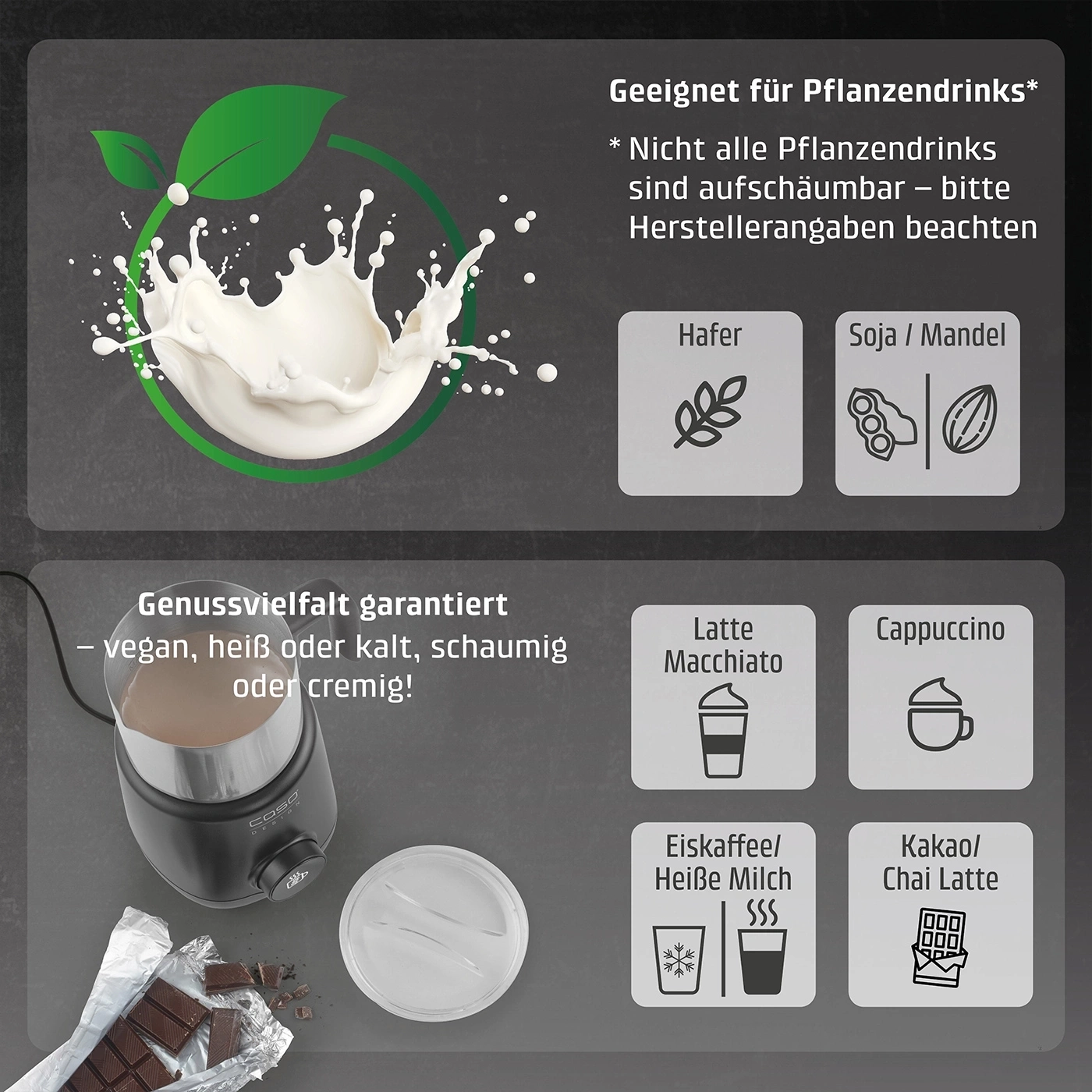 Milchsplatter mit Blättern, Milchaufschäumer, Schokolade und Getränkeoptionen.