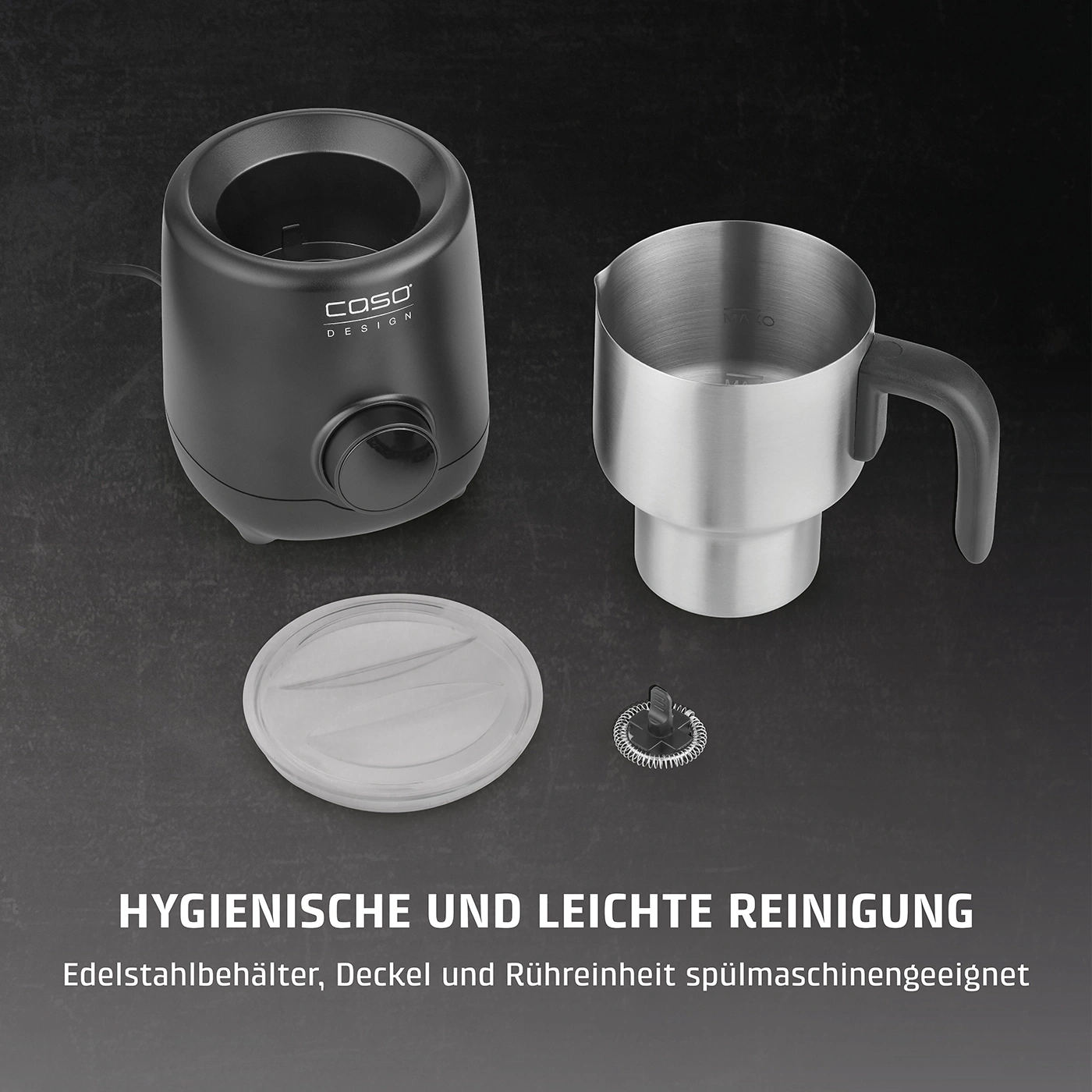 Ein Milchaufschäumer-Set aus Edelstahl mit Basis, Krug, Deckel und Rührbesen.