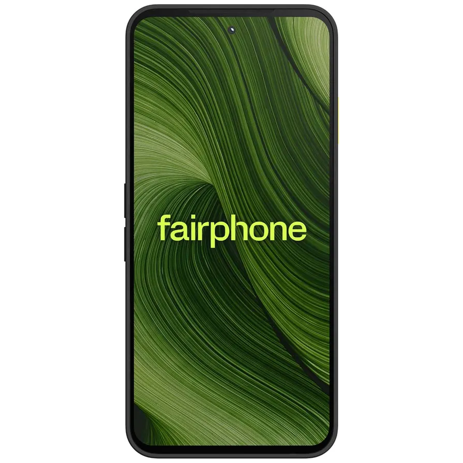A black Fairphone with a green wave pattern on the screen.