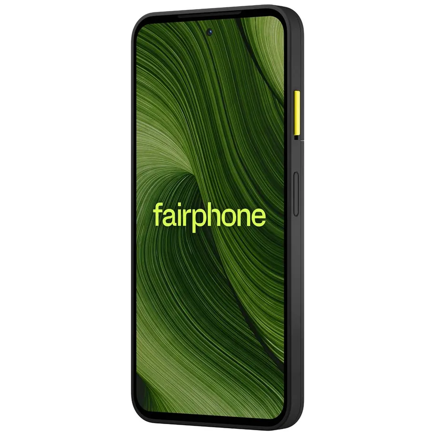 A black Fairphone with a green background and a yellow button.