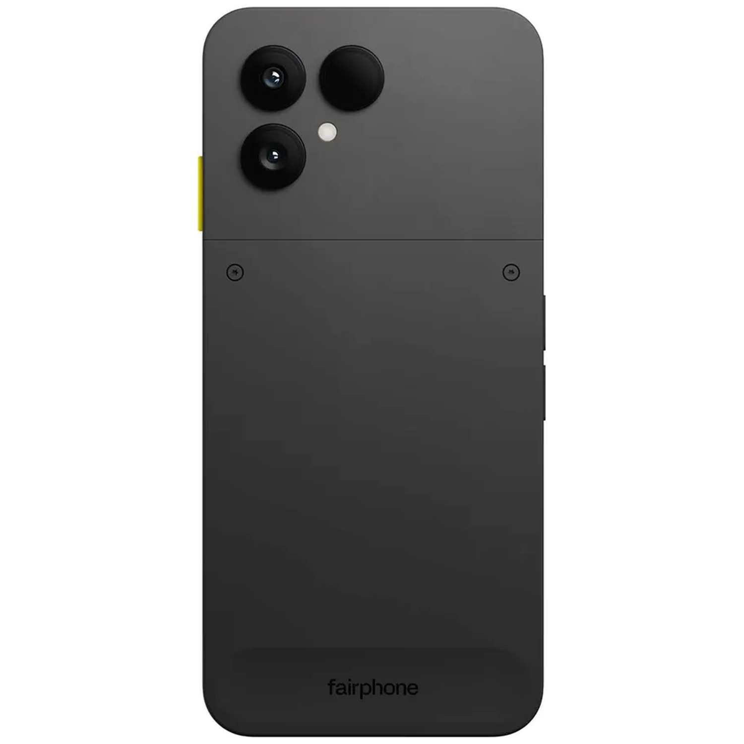 Back of a dark grey smartphone with three camera lenses and a flash.