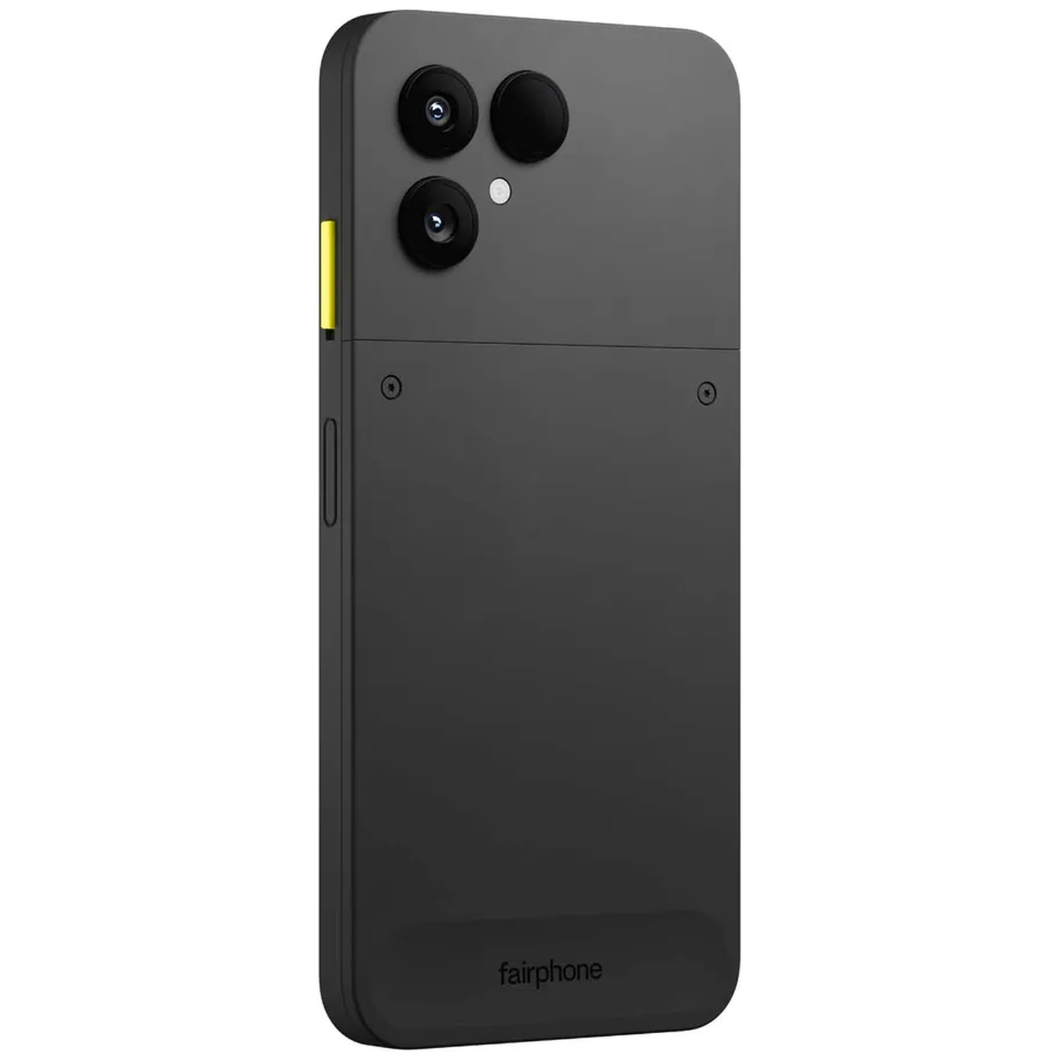 Black Fairphone with two cameras and a yellow button.
