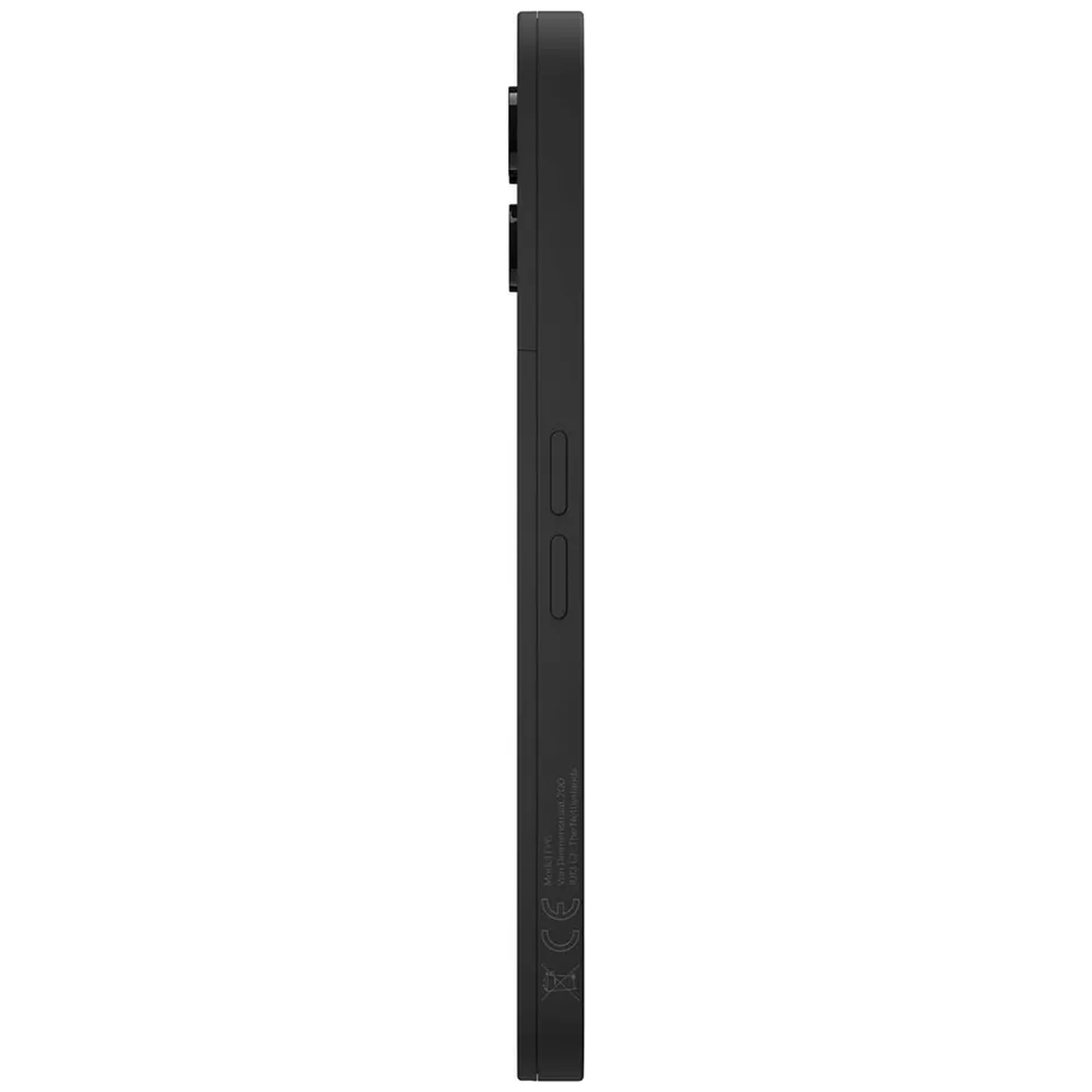 Black smartphone in profile with side control buttons and text.