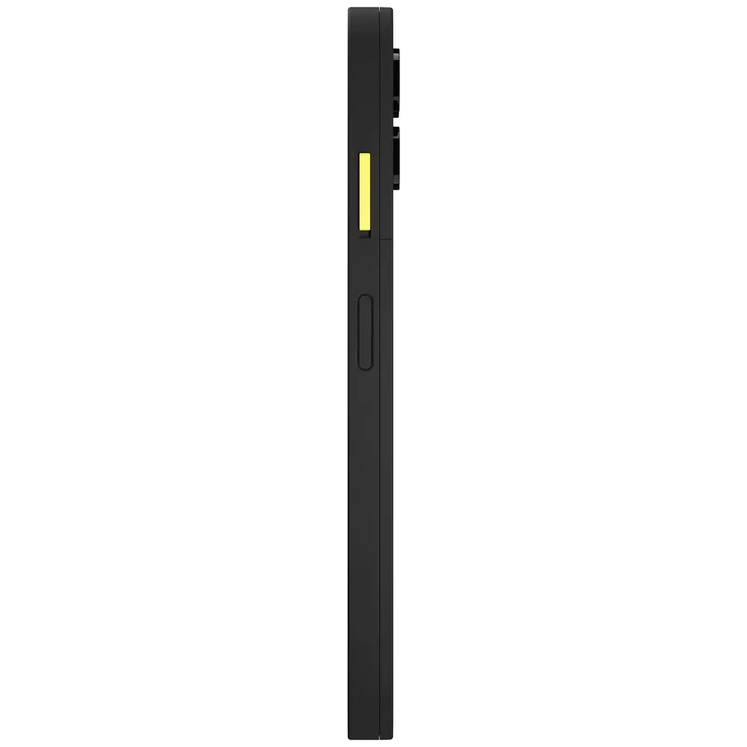 Black phone case in profile with yellow accent and buttons.