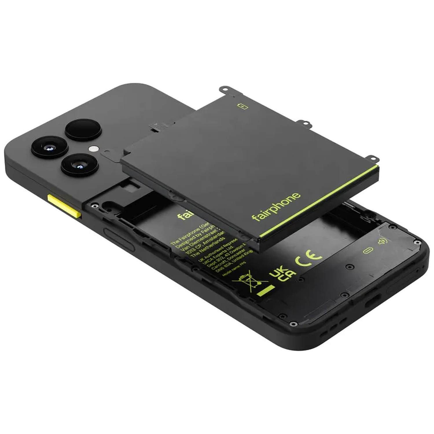 A Fairphone battery is removed from a black phone. Three cameras are on the left.