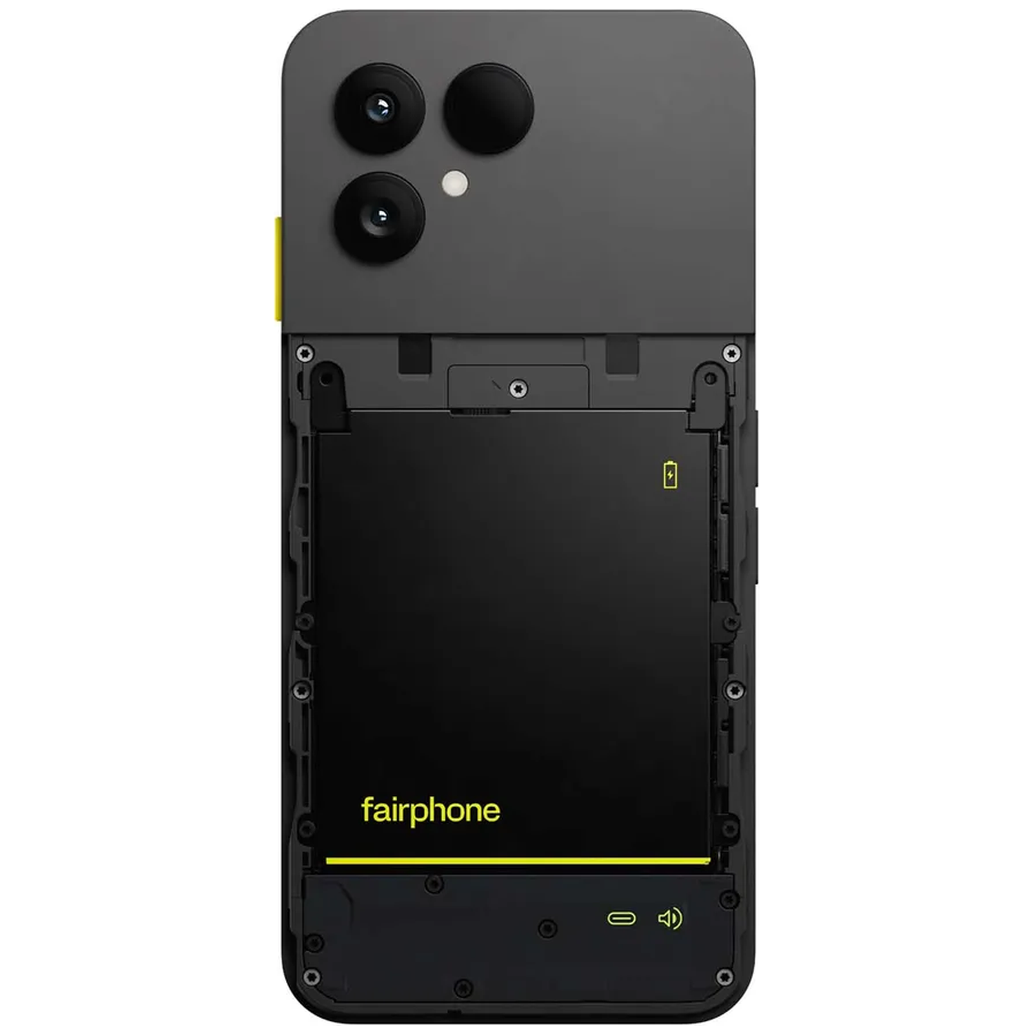 Back of a black Fairphone with exposed battery and cameras.