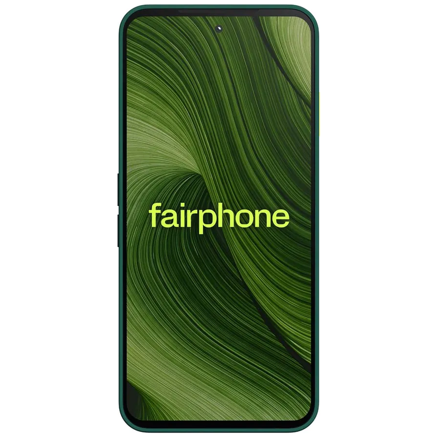A green Fairphone with a wavy background pattern.
