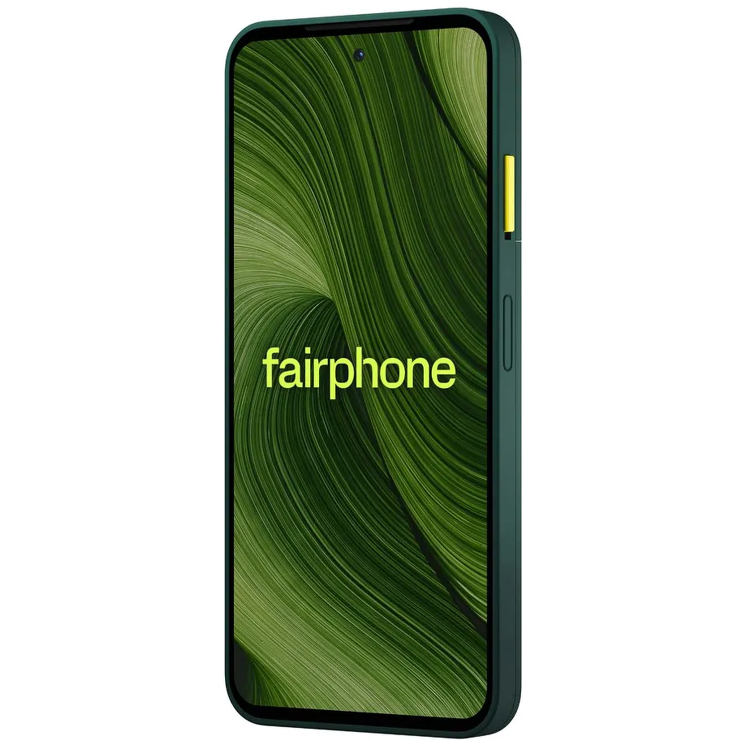 A Fairphone smartphone with a dark green case and a green wallpaper.