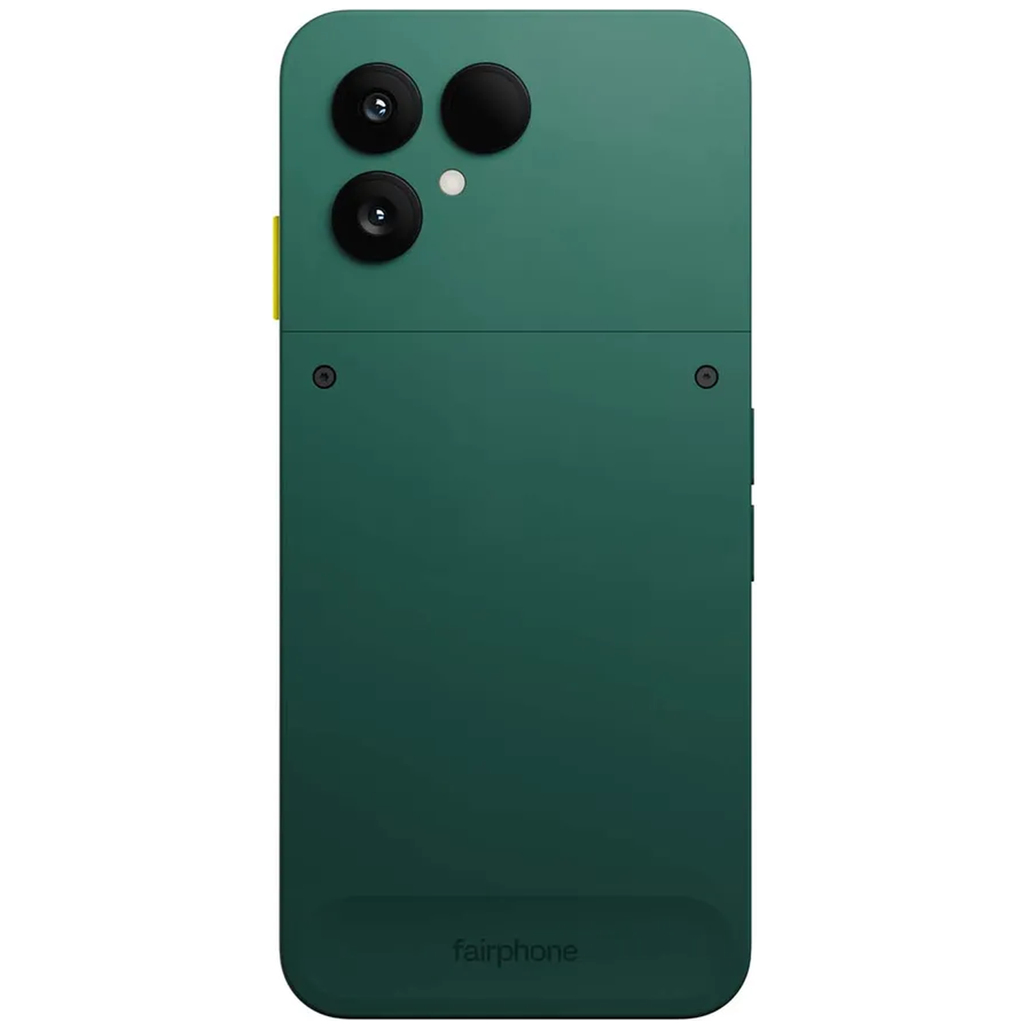 Back of a dark green smartphone with three cameras and a yellow accent.