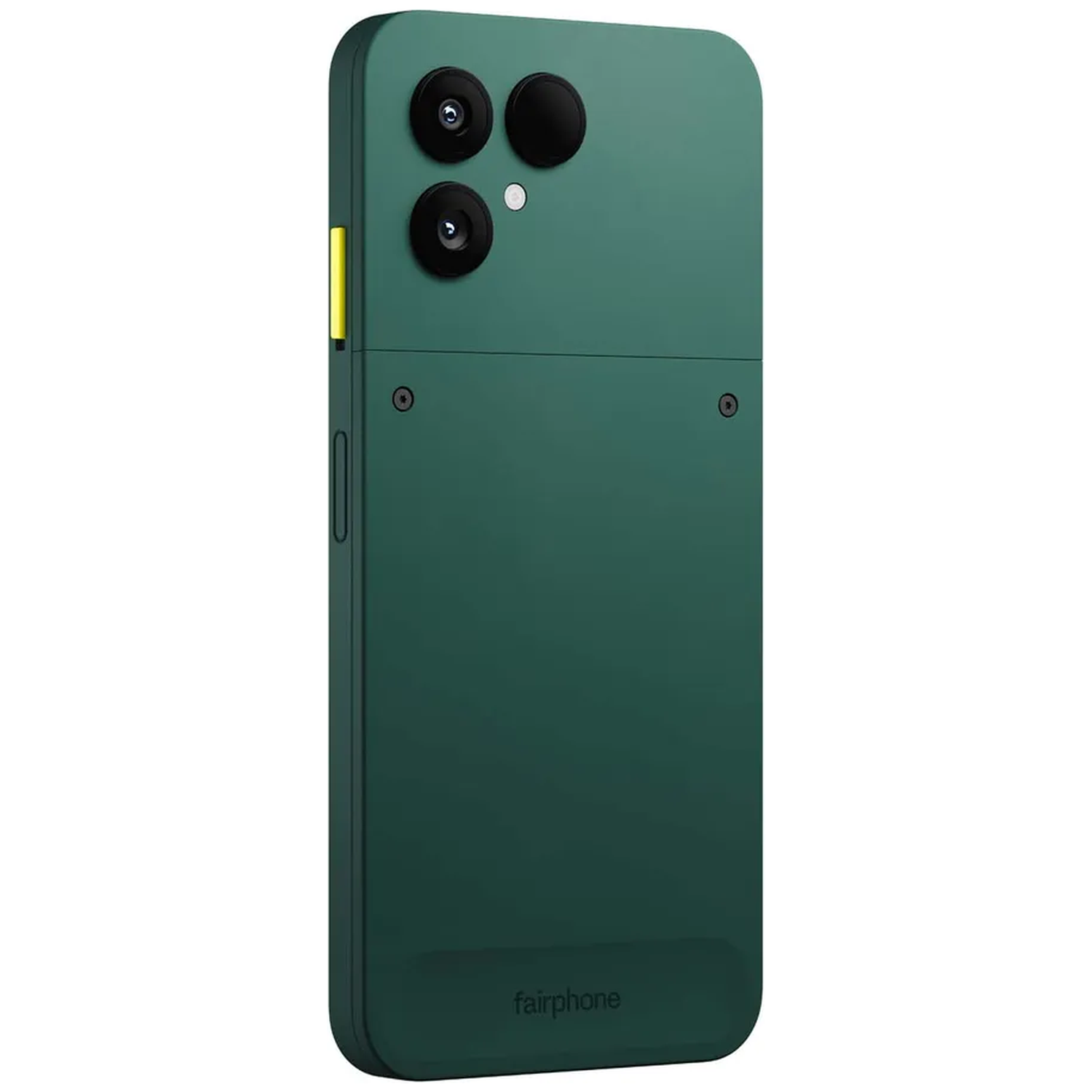 Back of a dark green smartphone with two cameras and Fairphone logo.