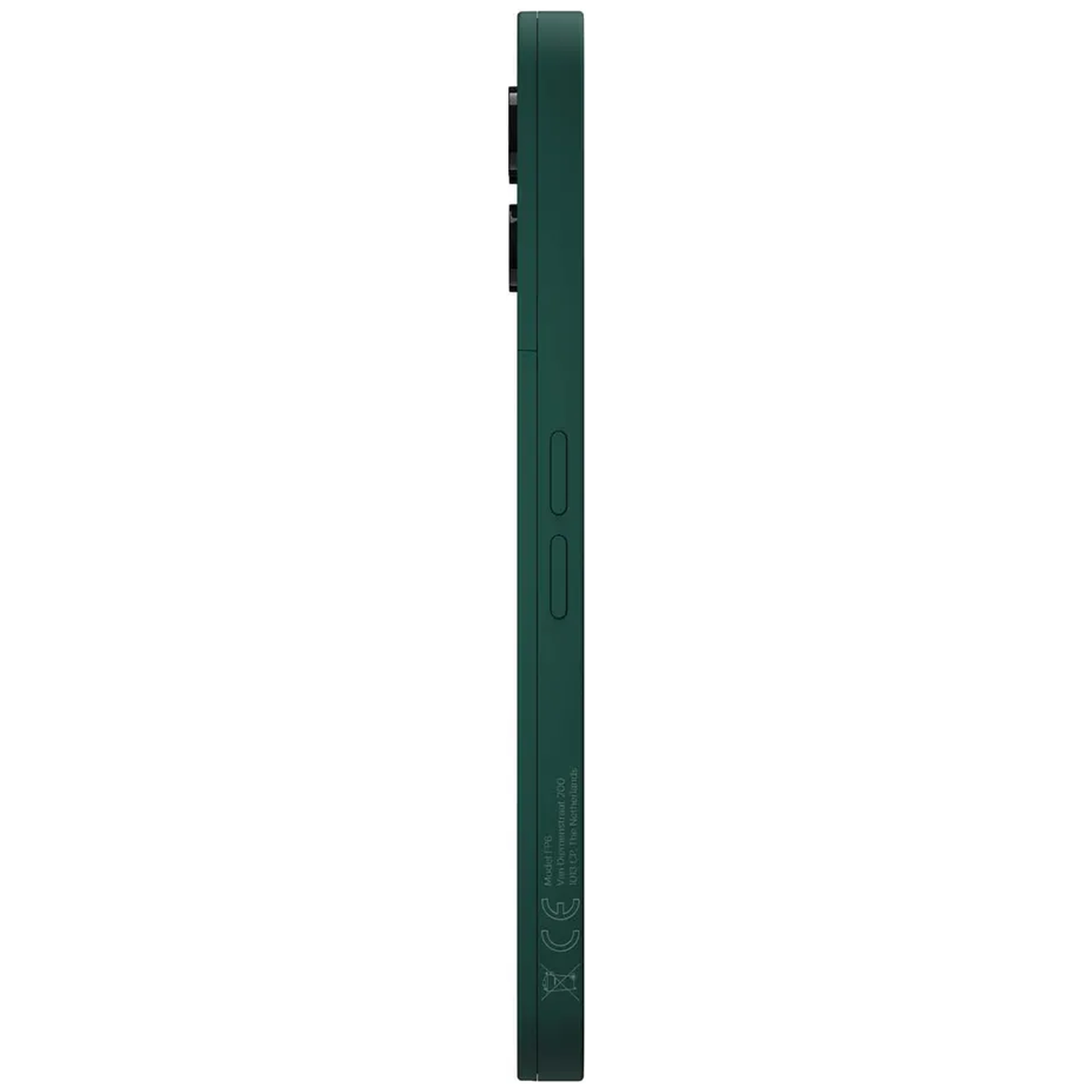 Dark green smartphone shown from the side, with engraved details and CE mark.