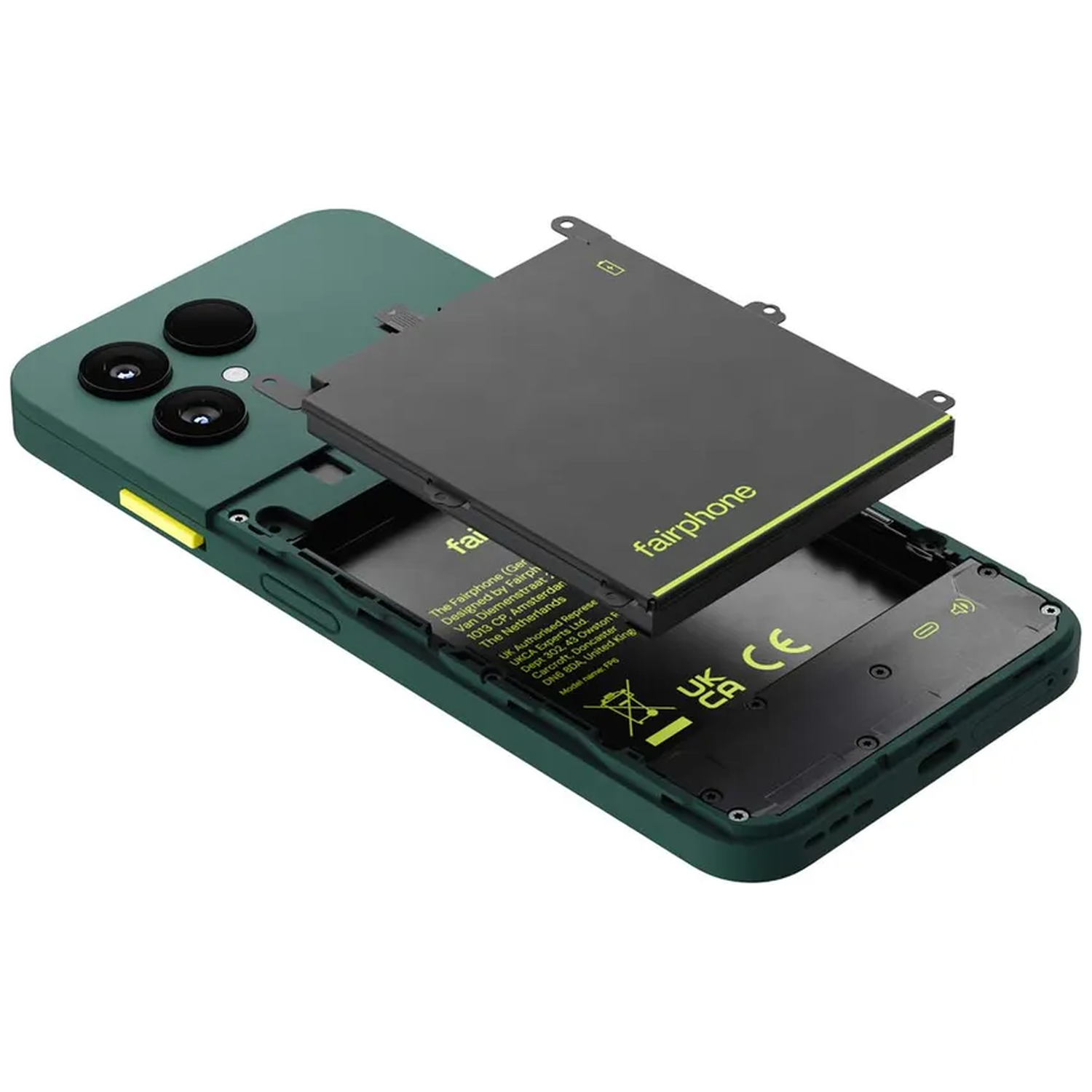 Green Fairphone with its black battery module partially removed. Text visible.