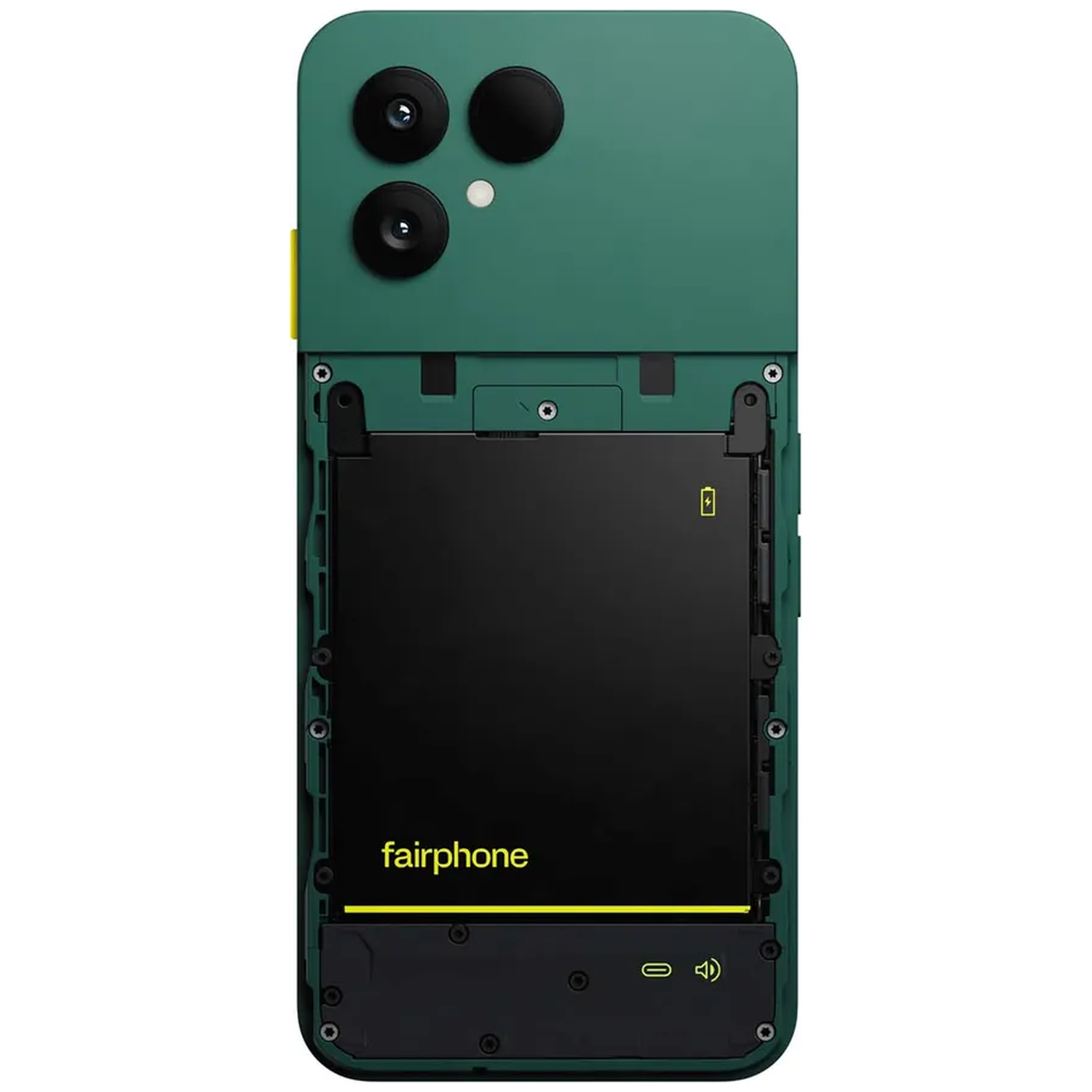 Green Fairphone with exposed battery, two cameras, and Fairphone logo.