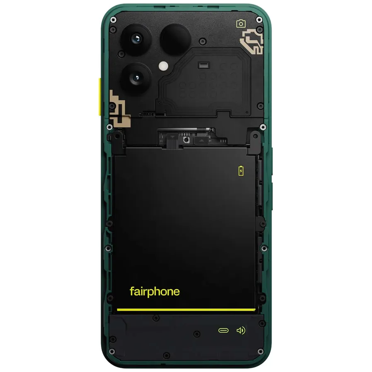 A green Fairphone with its back removed, showing internal components.