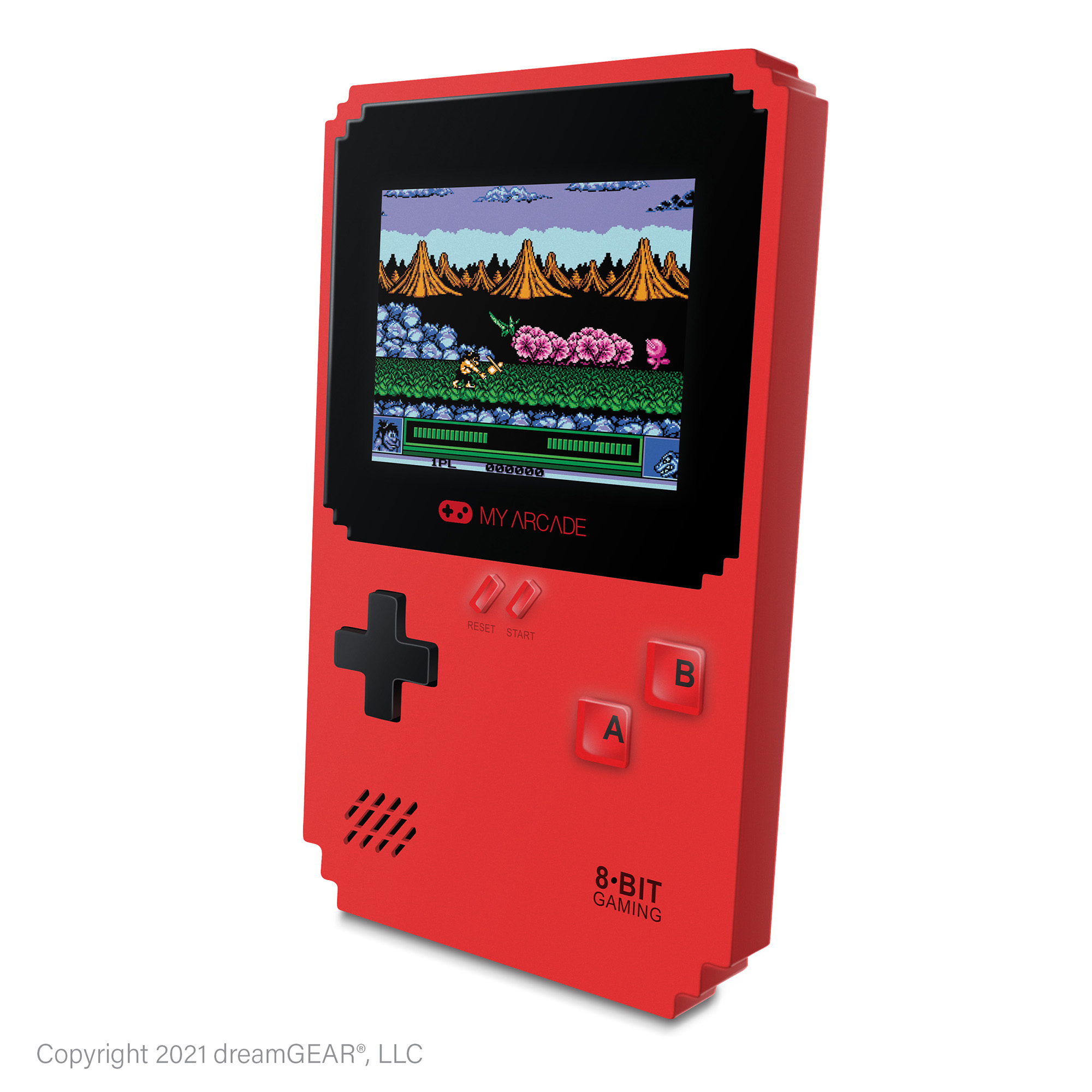 8-bit oyun ekranı ve kontrolleri olan kırmızı elde taşınabilir oyun cihazı.