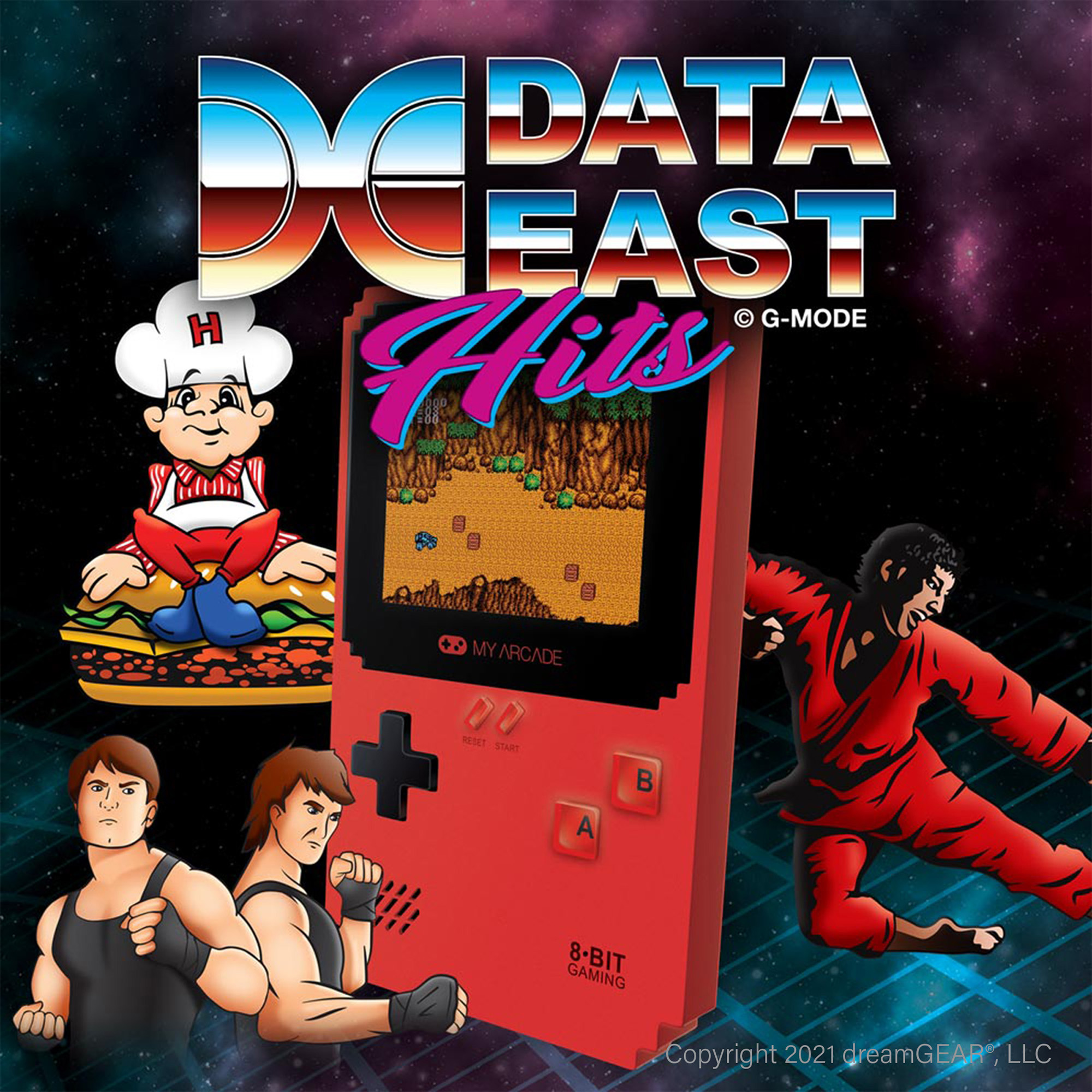 Karakterler ve "DATA EAST HITS" logosuyla retro oyun konsolu.