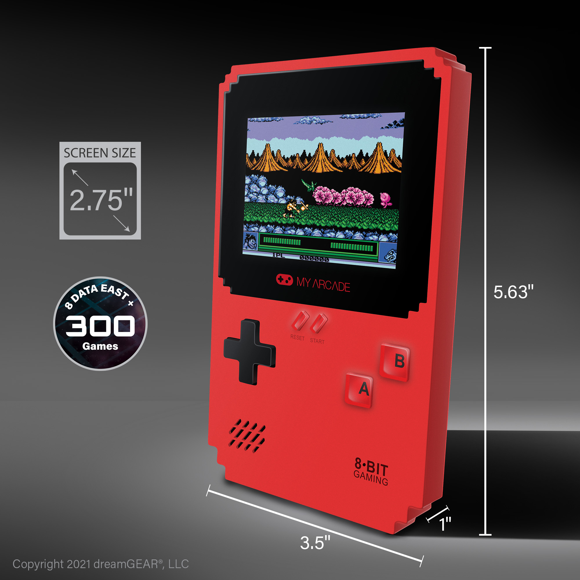 8-bit oyun gösteren 2,75 inç ekrana sahip kırmızı elde taşınabilir oyun konsolu.