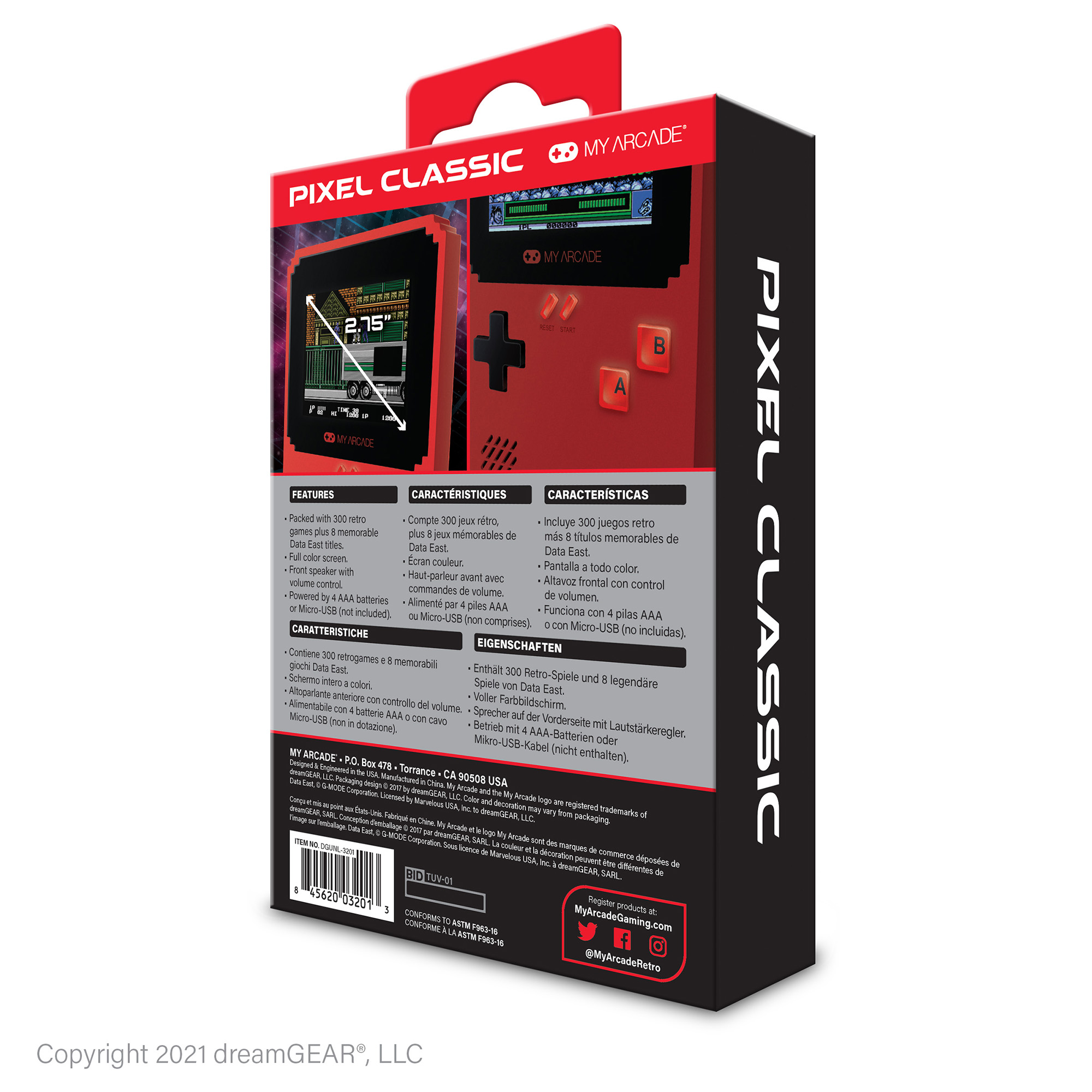 Kırmızı My Arcade Pixel Classic oyun konsolu, 2,75 inç ekran, A ve B düğmeleri.