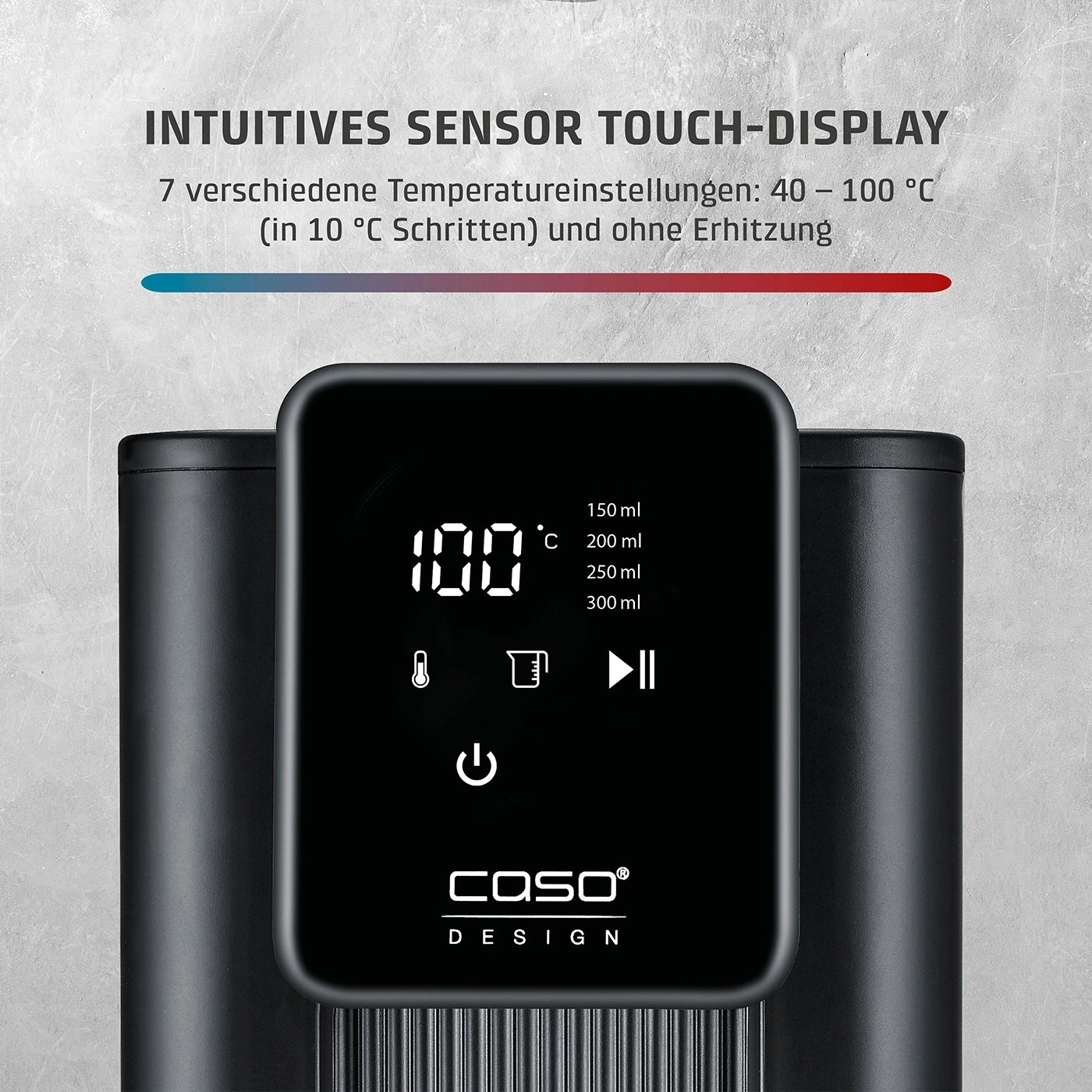 Schwarzes Gerät mit Touch-Display zeigt 100°C und Volumen an.