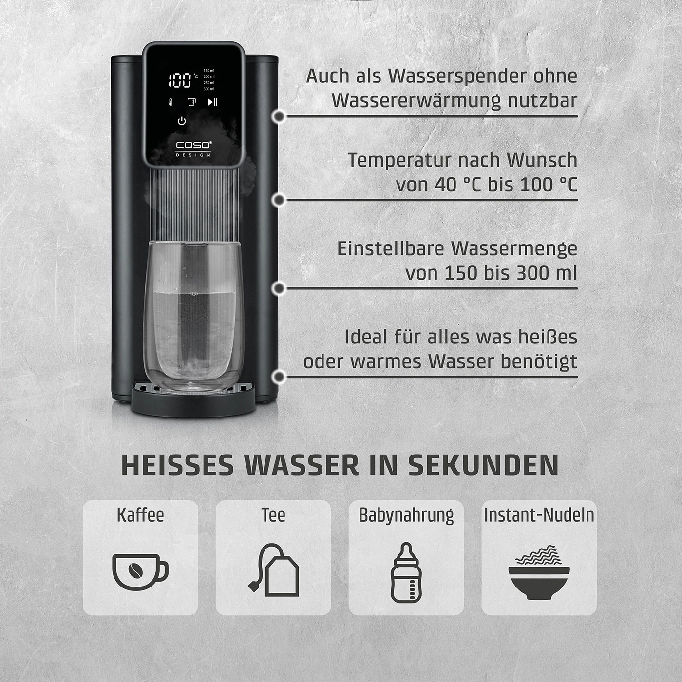 Ein schwarzer Wasserspender mit Glas und Display zeigt 100°C an. Icons für Kaffee, Tee, Babynahrung, Nudeln.