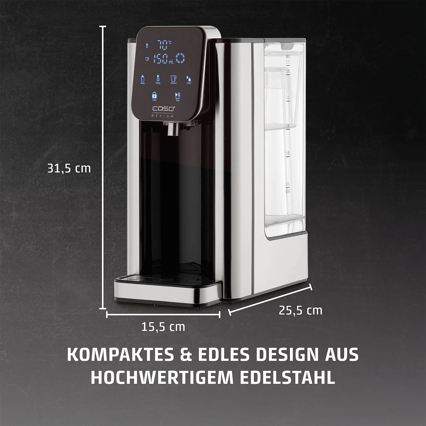 Kompakter Wasserspender aus Edelstahl mit digitalem Display und Wassertank.