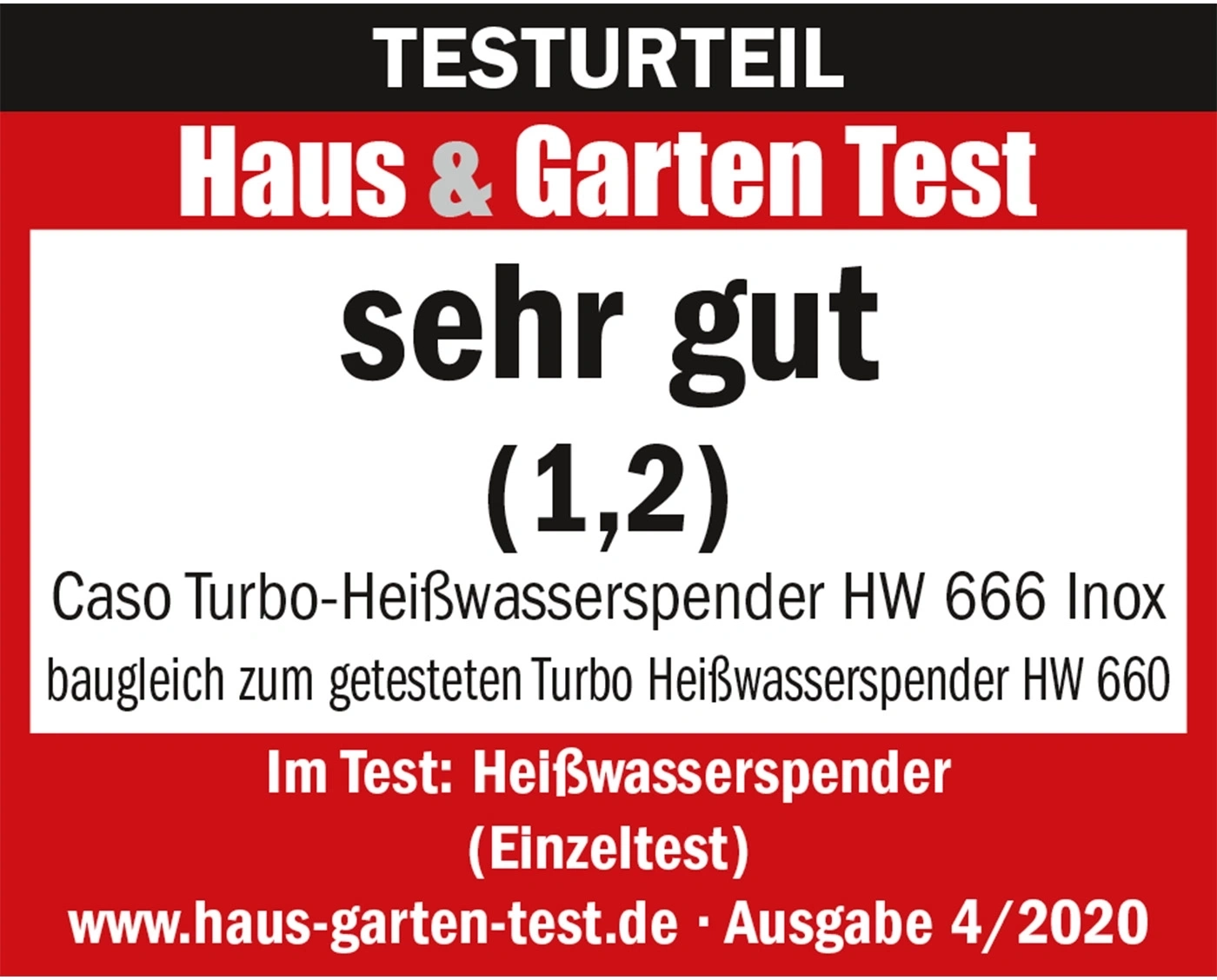 Testurteil: Sehr gut (1,2) für Caso Turbo Heißwasserspender HW 666 Inox.