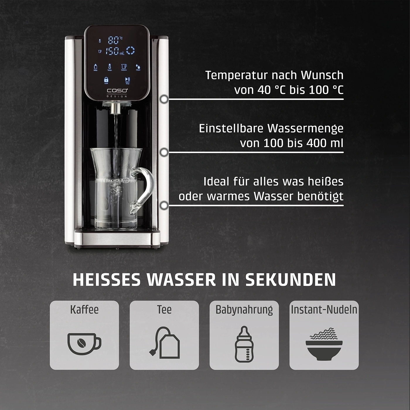 Wasserkocher gibt heißes Wasser in Glas. 40-100°C, 100-400ml für Kaffee, Tee, Babynahrung.