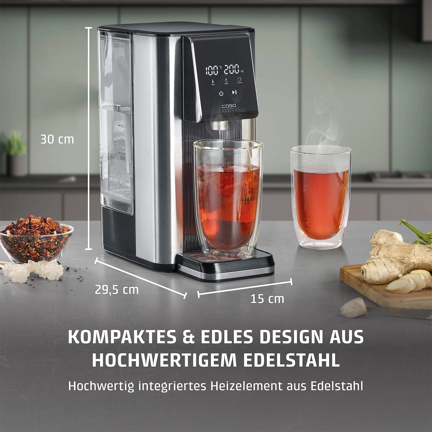 Edelstahl-Heißwasserspender mit zwei Gläsern Tee und Zutaten.