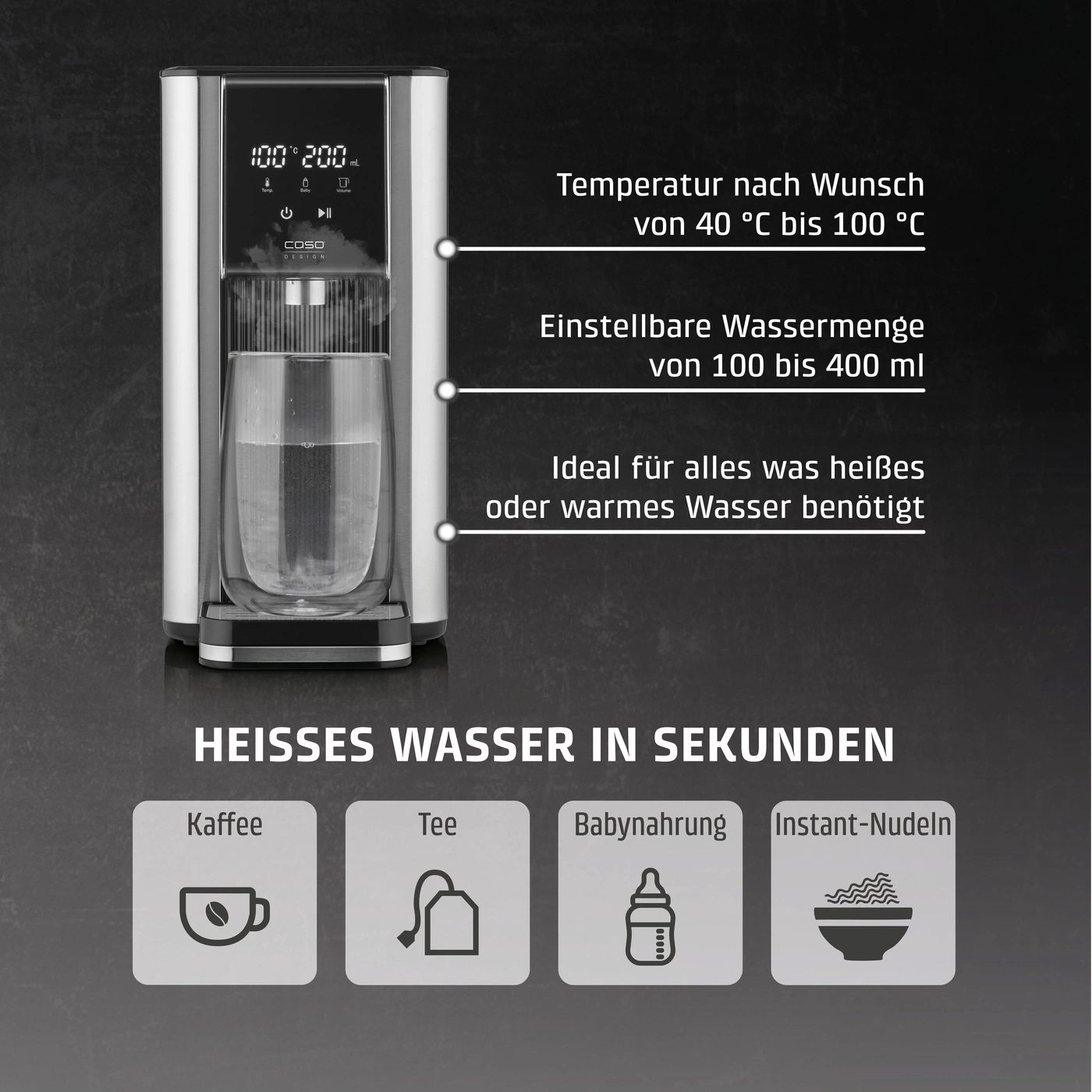 Heißwasserdispenser mit Glas, Temperaturbereich 40-100°C, Volumen 100-400ml.