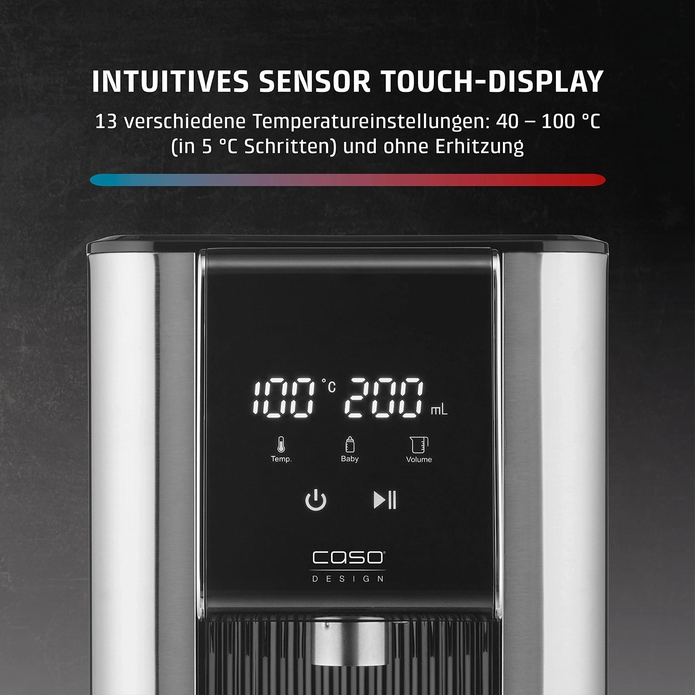 Ein Wasserkocher-Display zeigt 100°C und 200mL an.