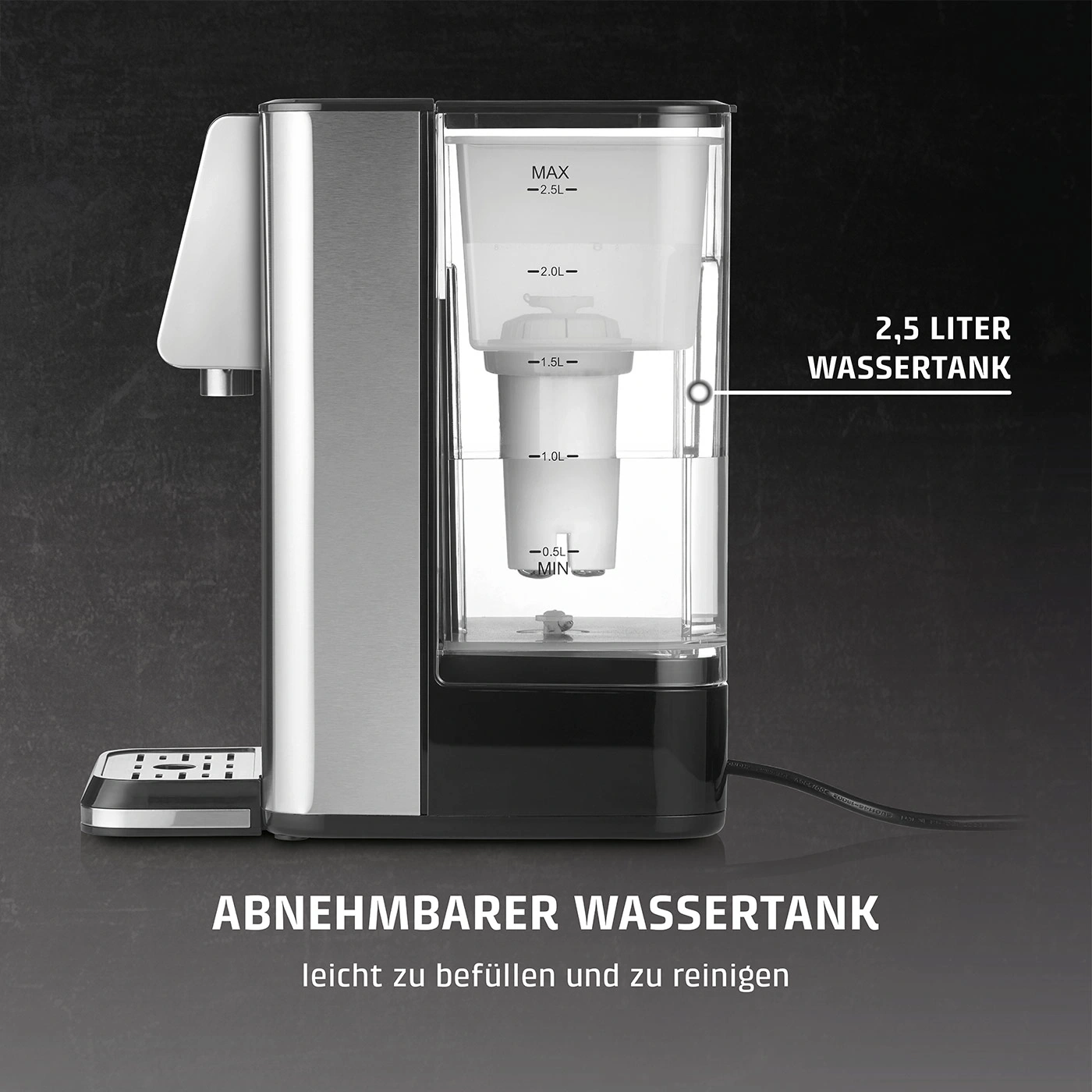 Ein Wasserspender mit abnehmbarem 2,5L Wassertank und beleuchteter Anzeige.