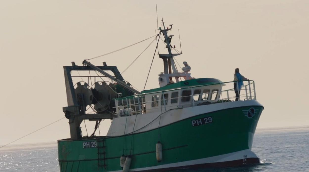 Ein grünes Fischerboot mit der Aufschrift PH 29 fährt auf ruhigem Wasser.