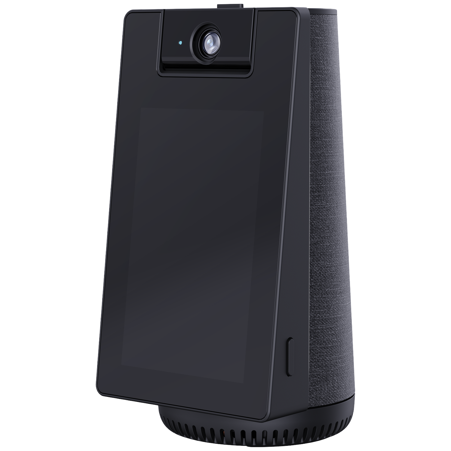 Black smart speaker with touchscreen and camera.