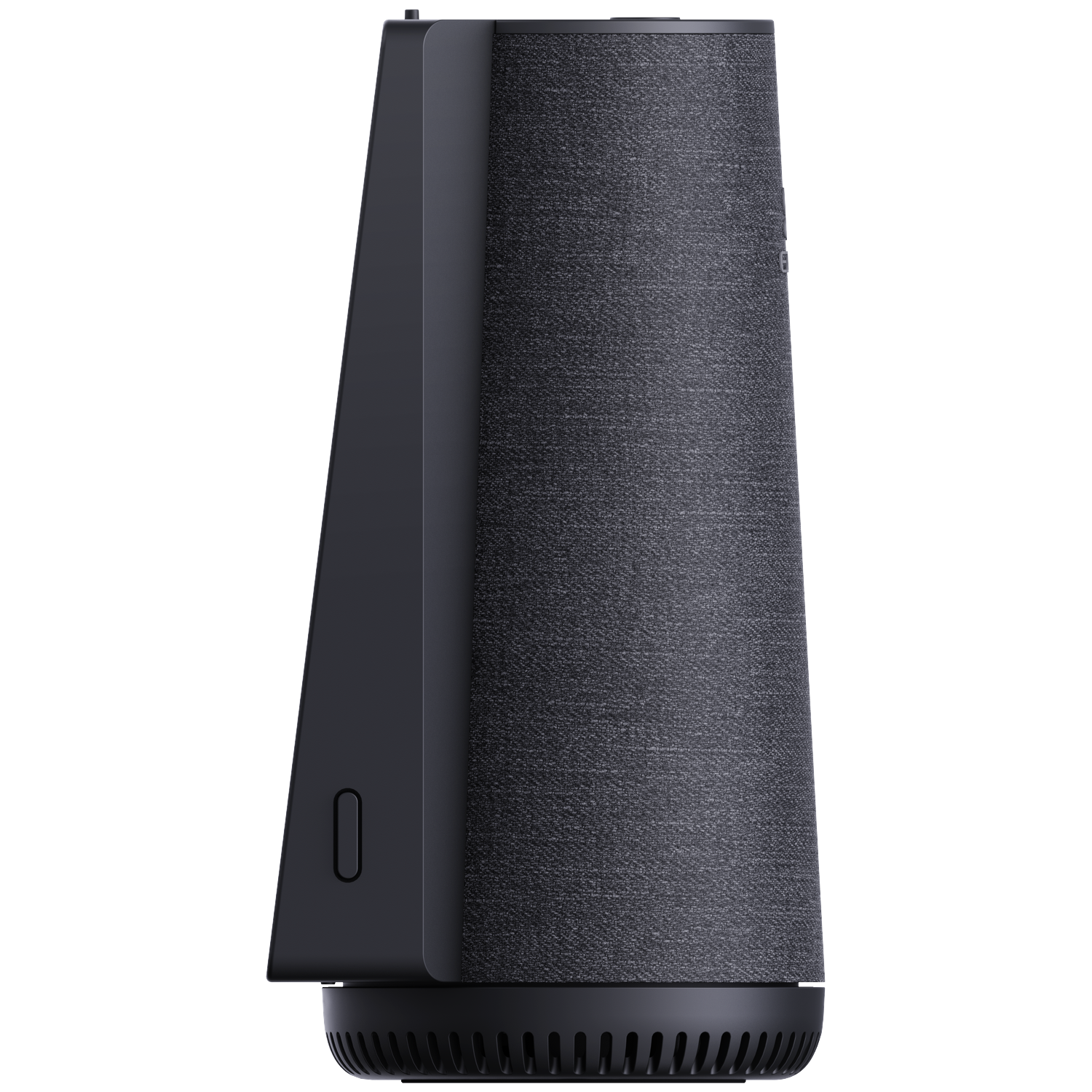 A dark, cylindrical speaker with fabric cover and a wedge-shaped base.