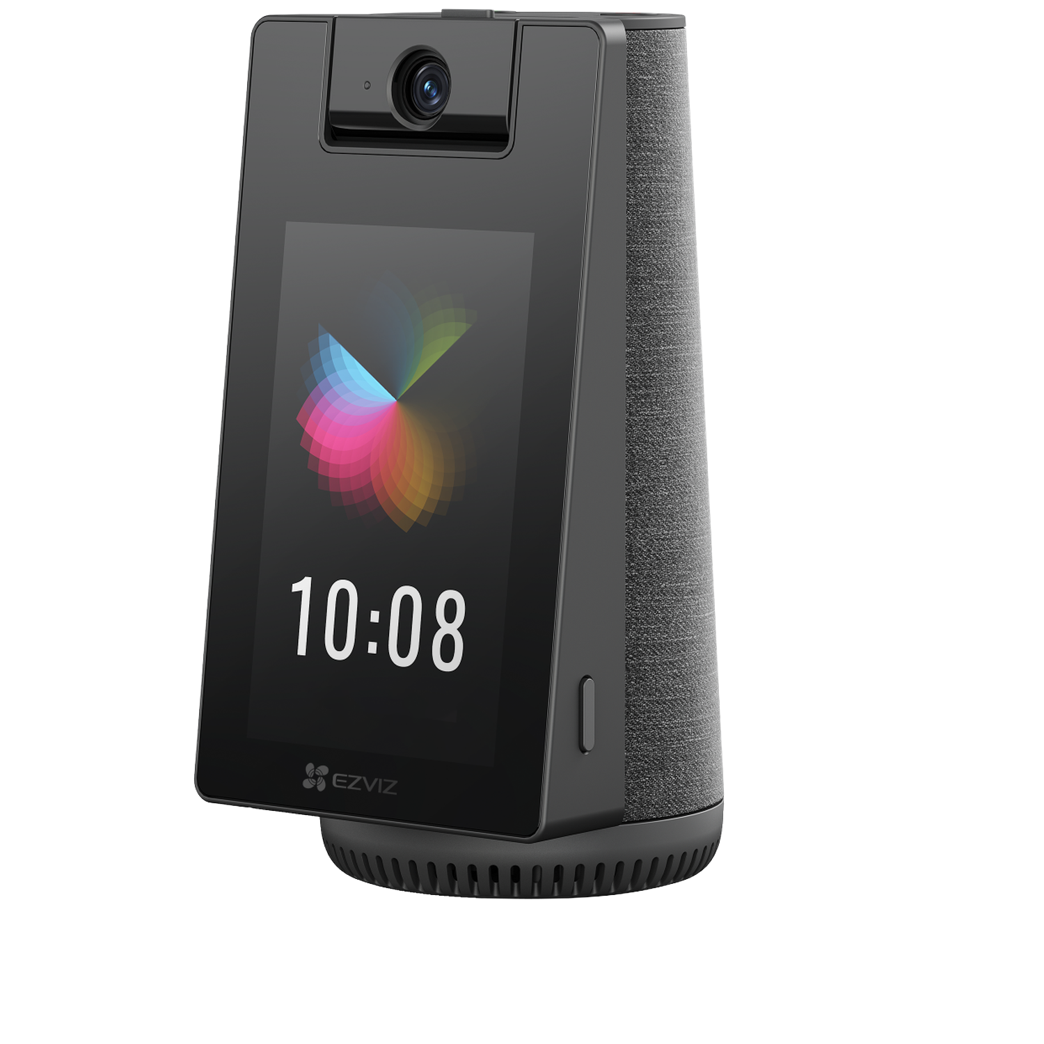 A black smart display with a camera, showing 10:08.