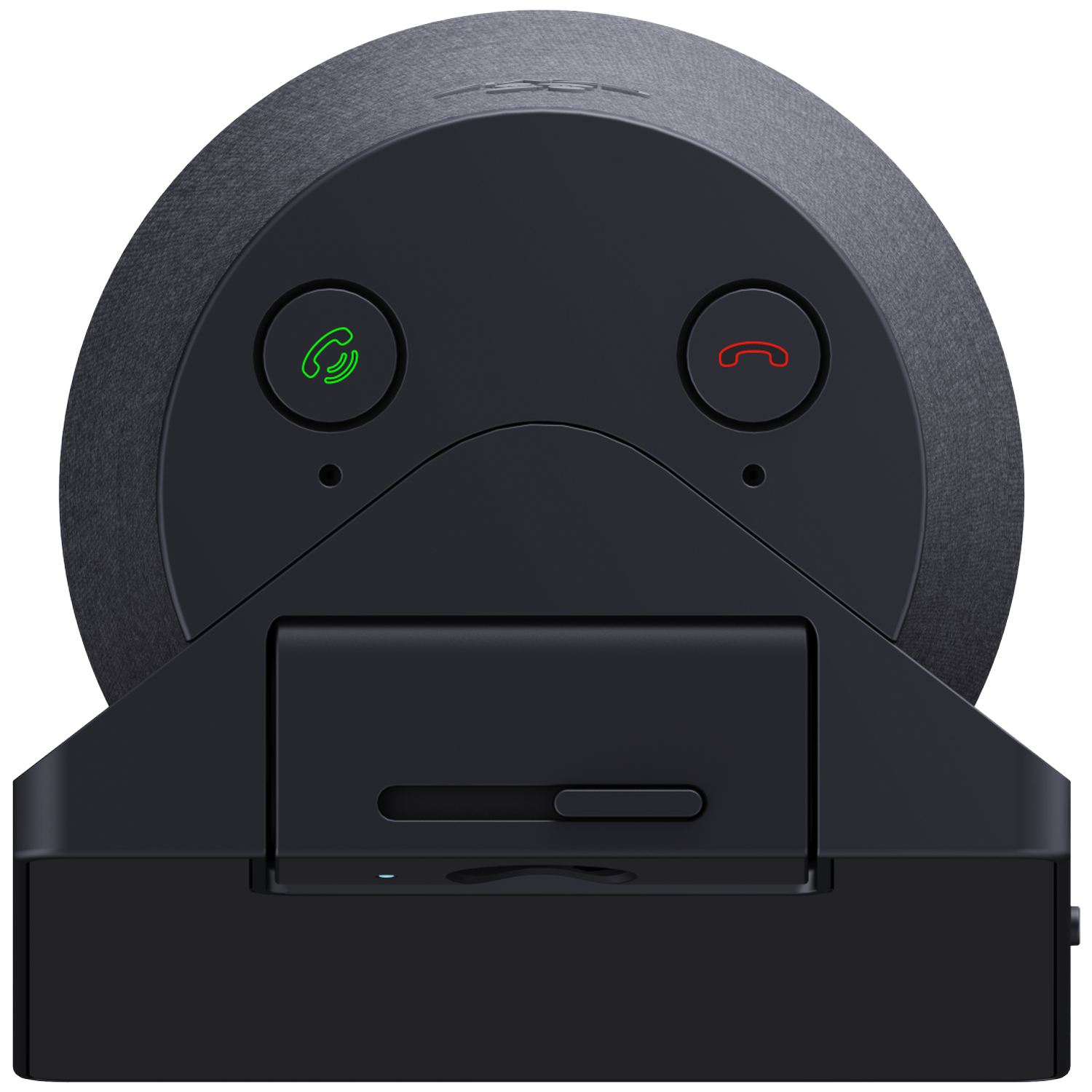 Black conference phone with green and red call buttons and a slider.