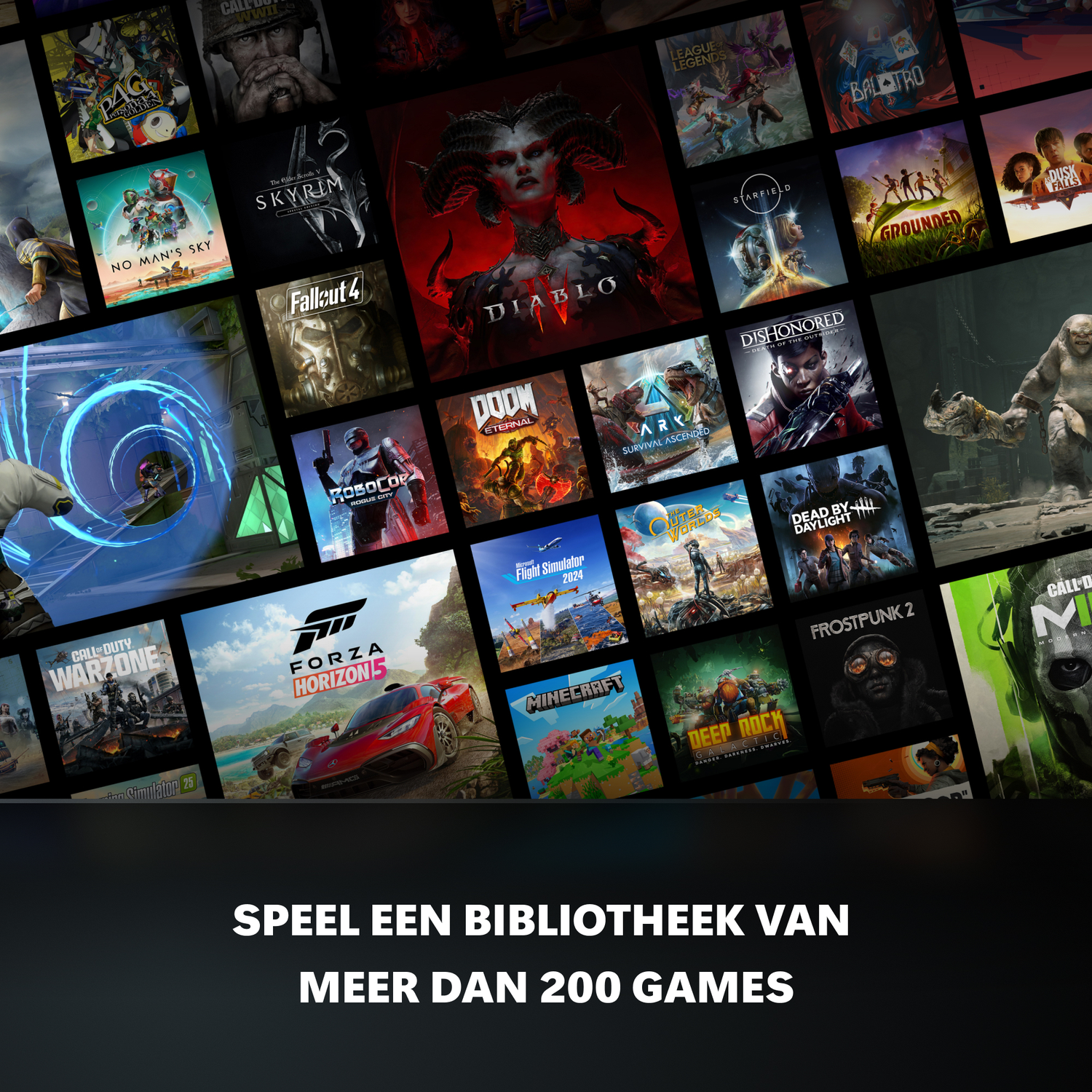 Collage van videogamedeckbladen, waaronder Forza Horizon 5, Diablo en Minecraft.