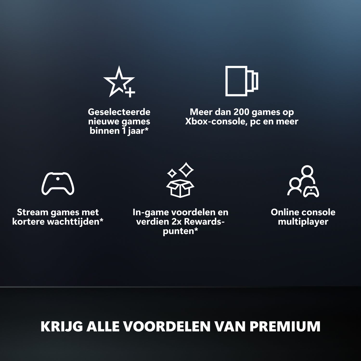 Iconen voor games, 200+ games, streaming, beloningen, multiplayer. 'Krijg alle premium voordelen'.