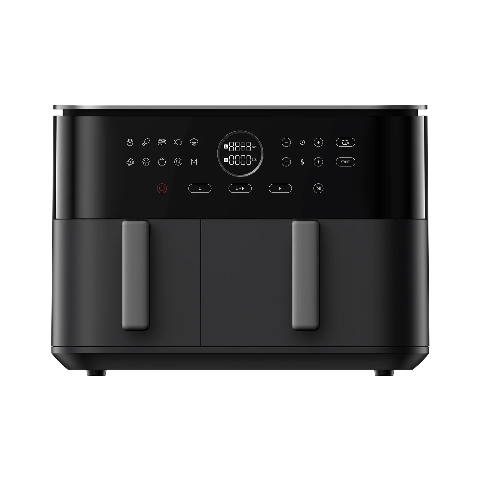 Czarna podwójna frytkownica beztłuszczowa z panelem dotykowym i dwoma uchwytami.