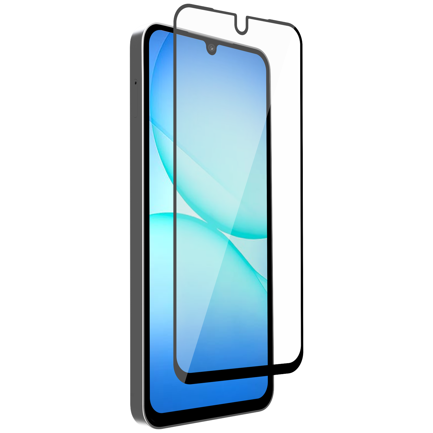Un smartphone noir avec un protecteur d'écran sur fond blanc.