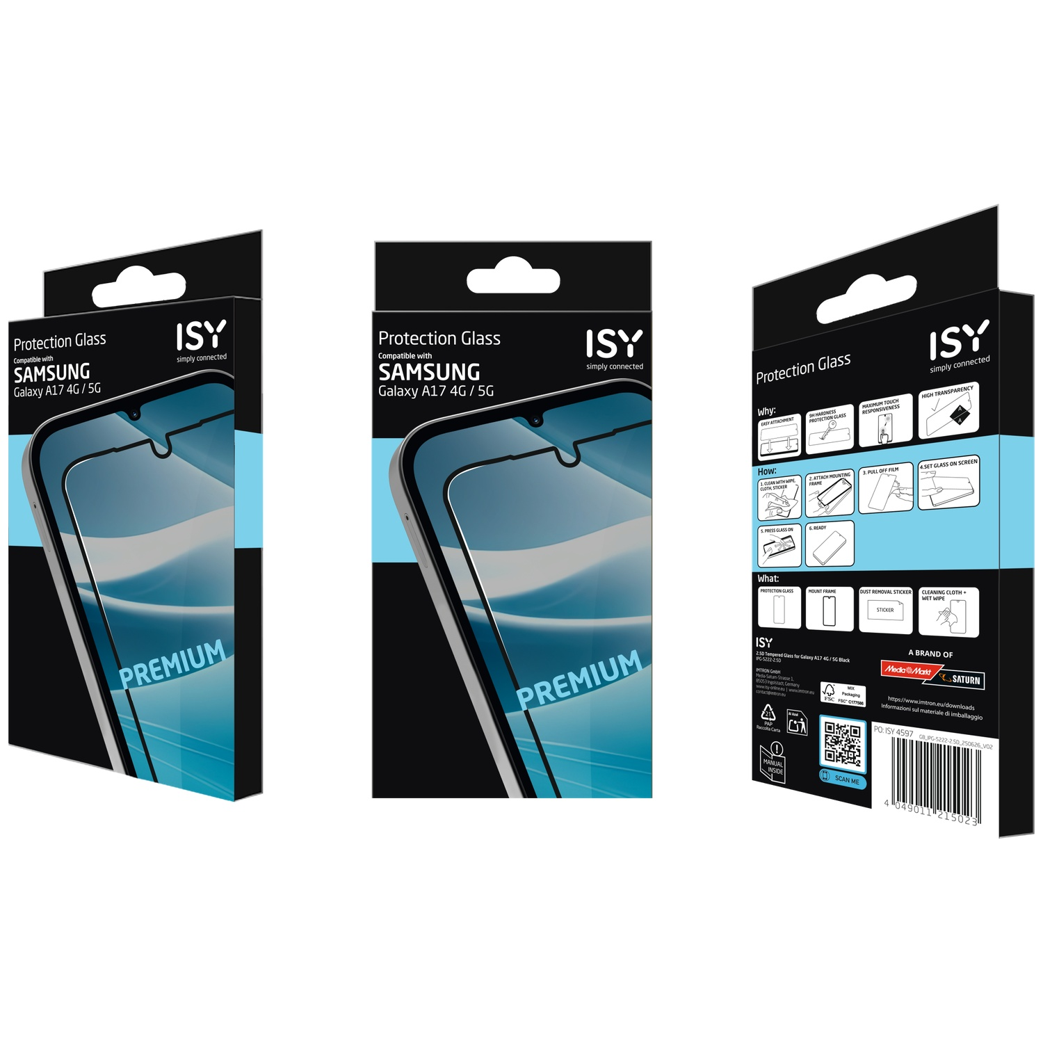 Trois protections d'écran ISY pour Samsung Galaxy A17 4G/5G. Deux de face, une avec instructions.