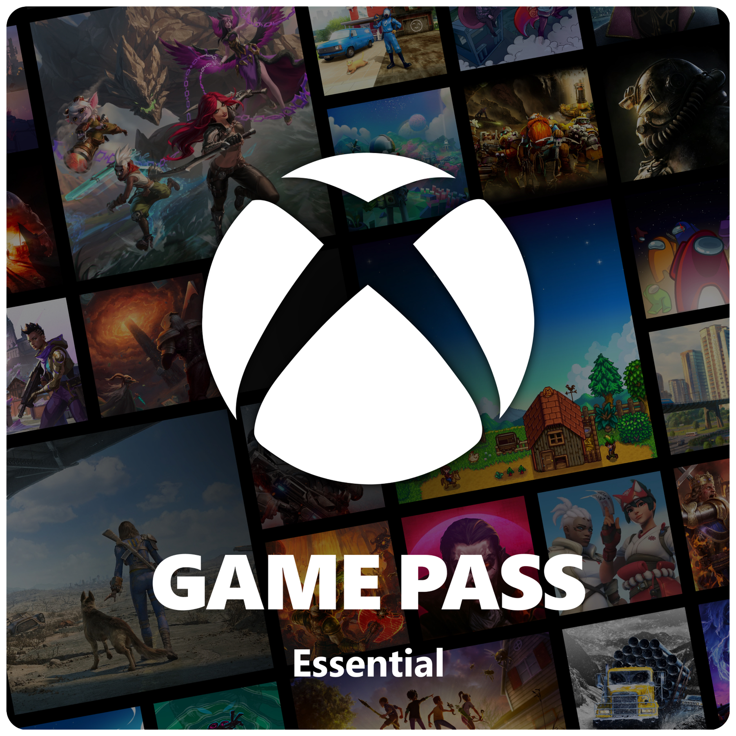 Xbox Game Pass Essential logo met game-scènes op de achtergrond.