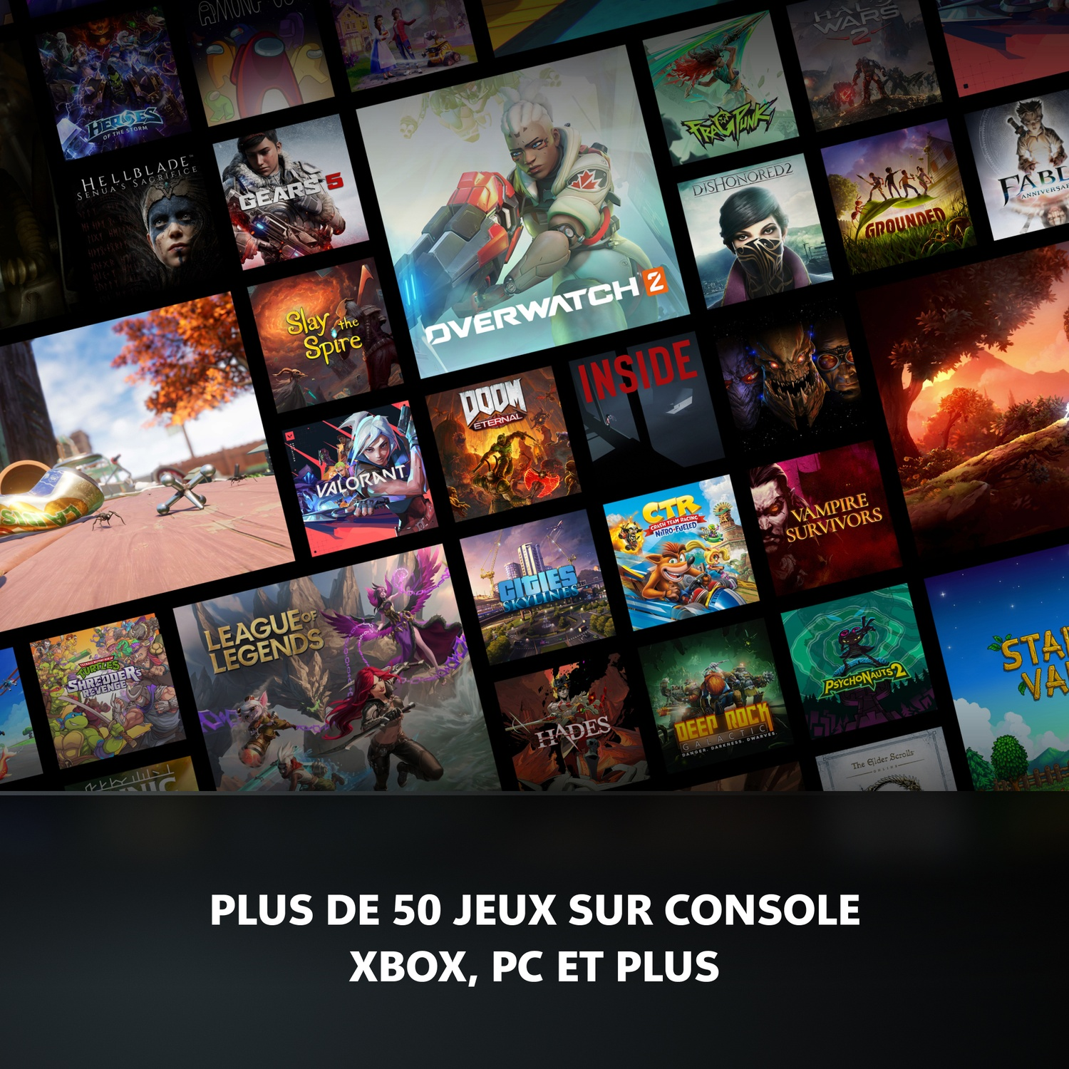 Collage van videogamhoezen, waaronder Overwatch 2, Gears 5 en League of Legends.