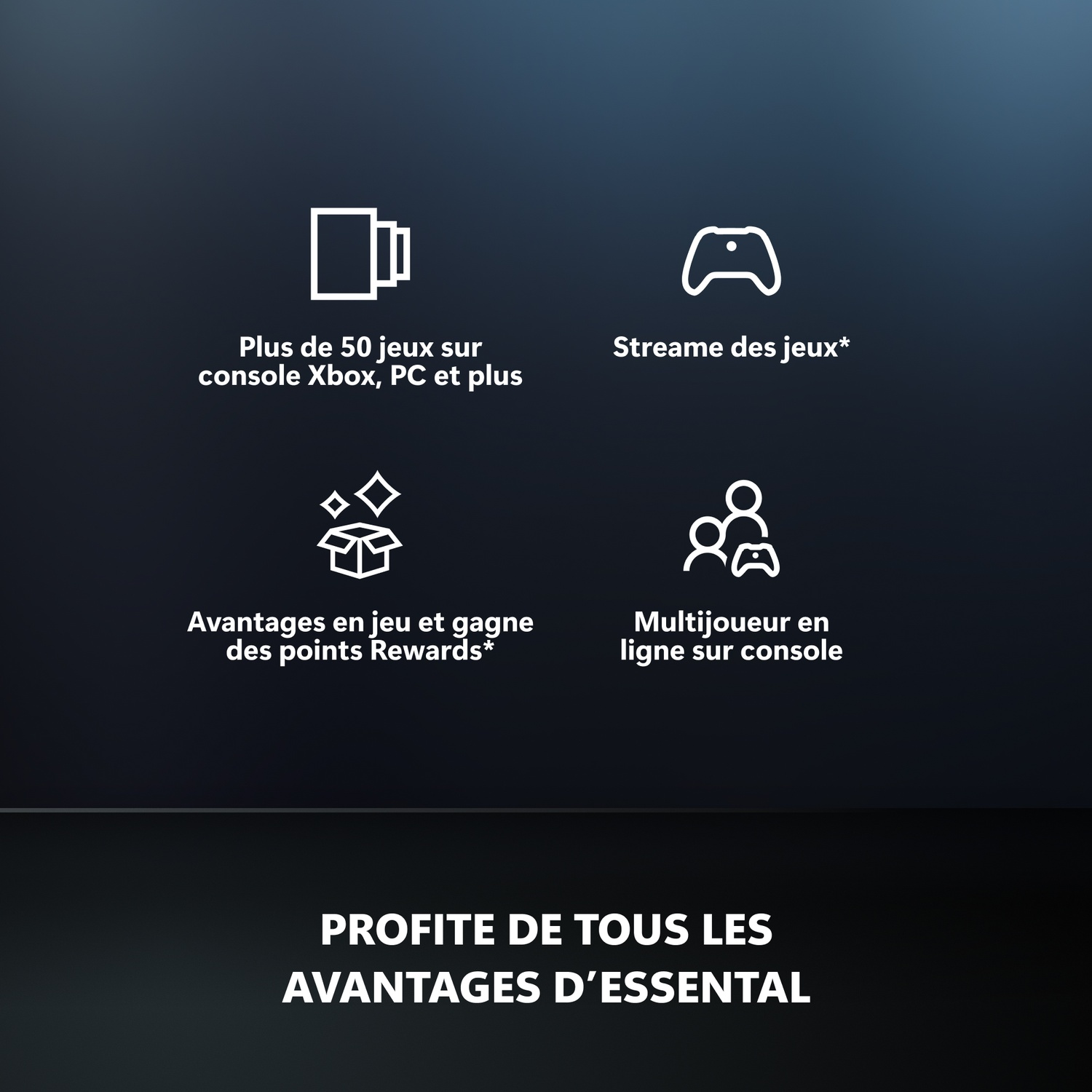 Iconen voor games, streaming, beloningen en multiplayer. Tekst: Meer dan 50 games, games streamen, beloningen verdienen.