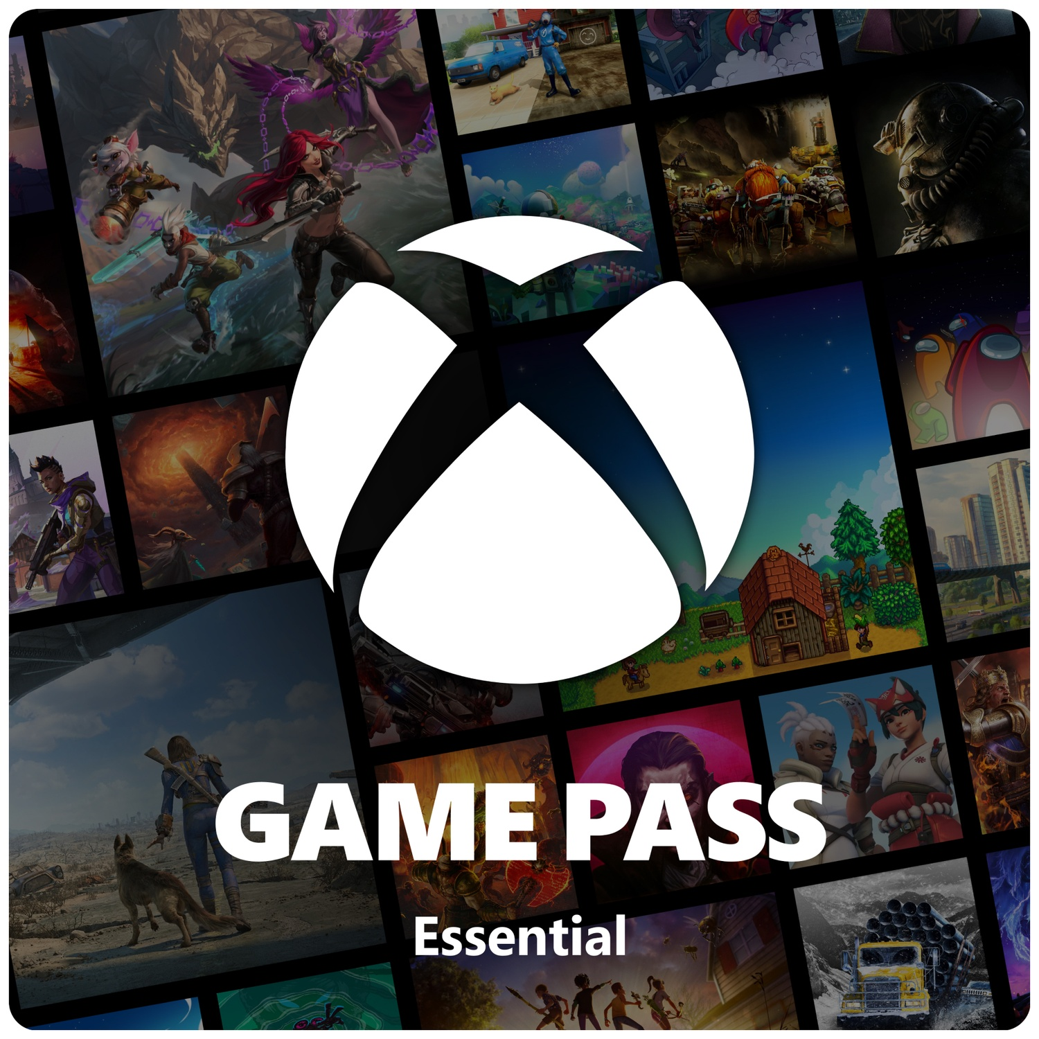 Xbox Game Pass Essential met veel game-afbeeldingen en het Xbox-logo.