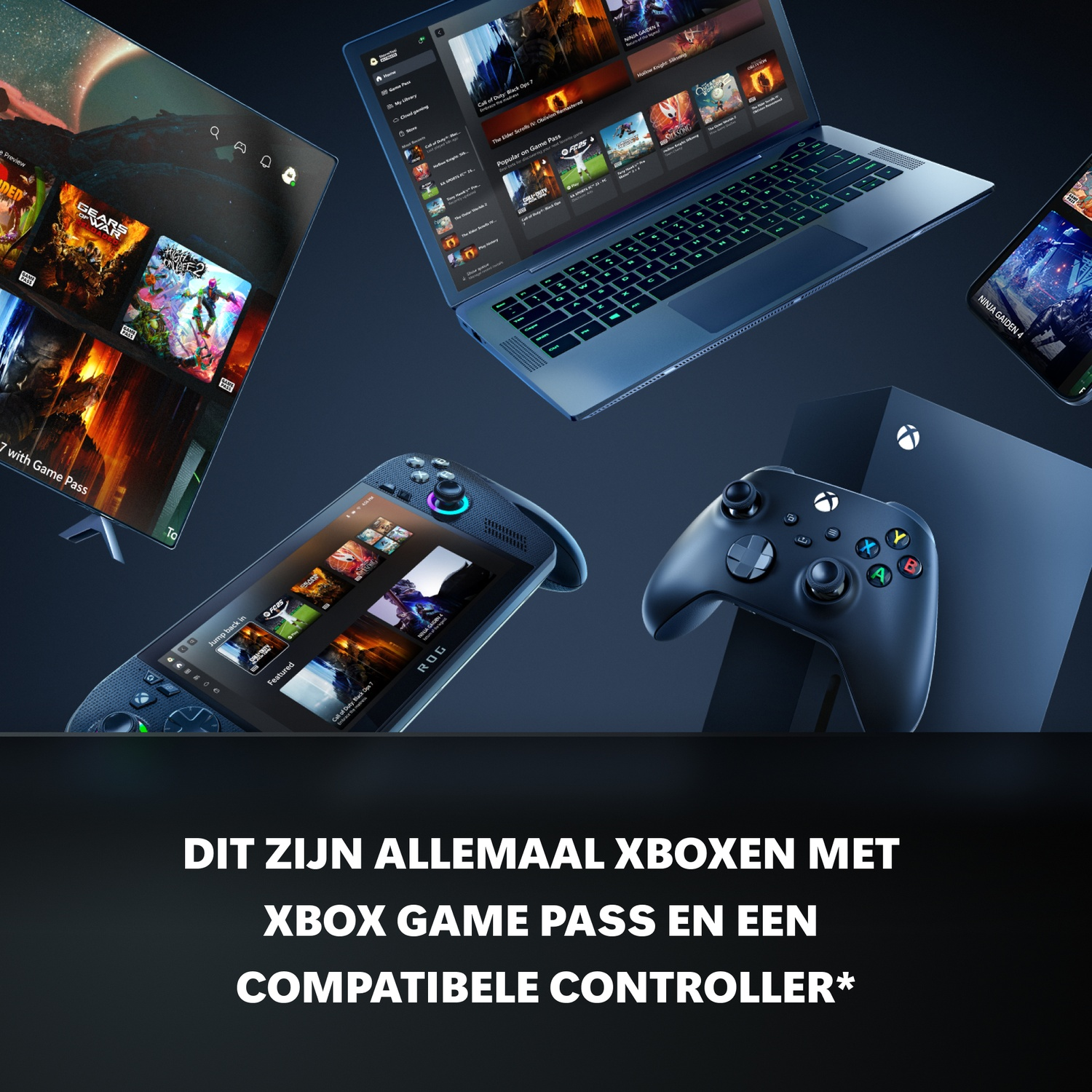 Xbox-apparaten, controller en laptop met games en Game Pass.