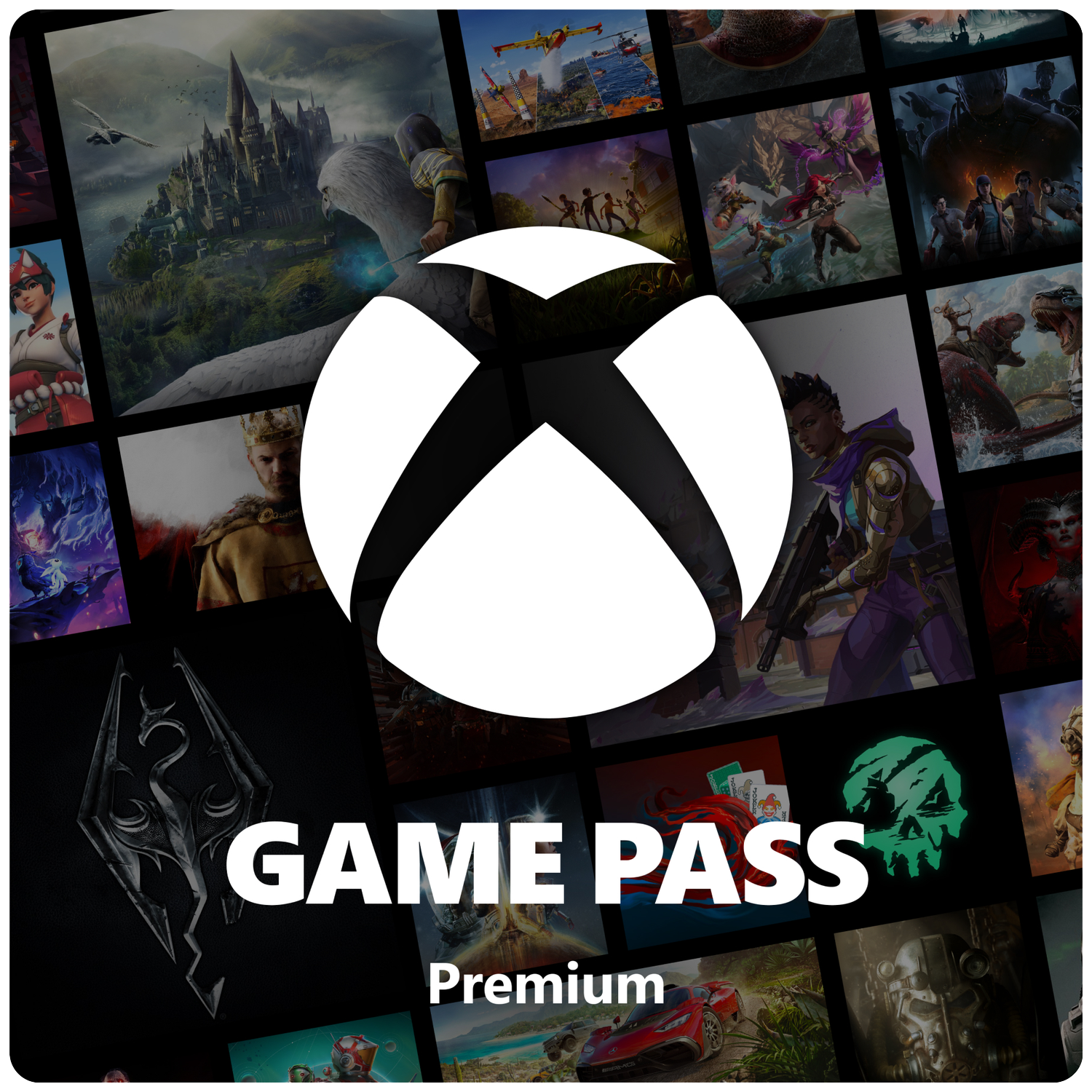Xbox Game Pass Premium logo met spelafbeeldingen op de achtergrond.