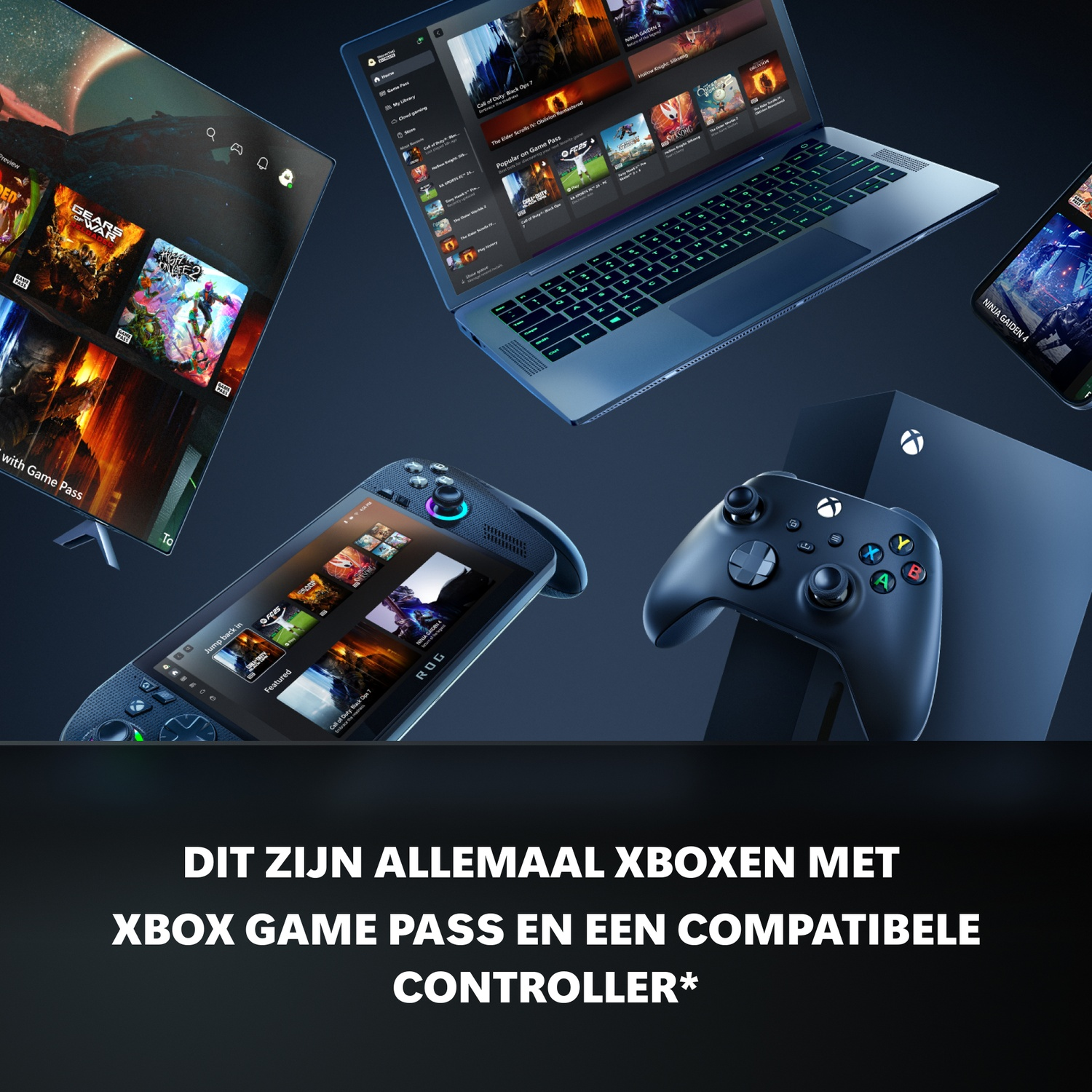 Xbox-apparaten met Game Pass en controller: tv, laptop, handheld en console.