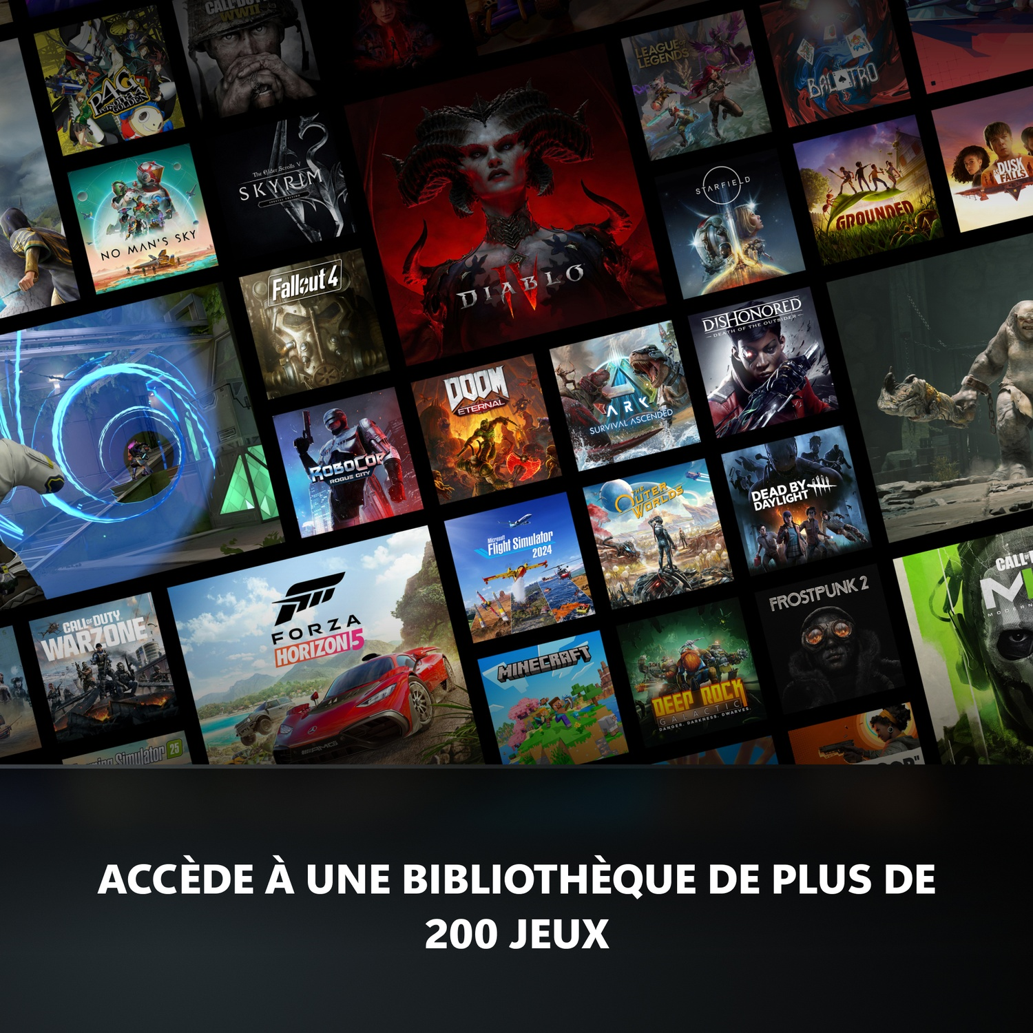 Collage de couvertures de jeux vidéo, dont Diablo, Forza Horizon 5 et Minecraft.